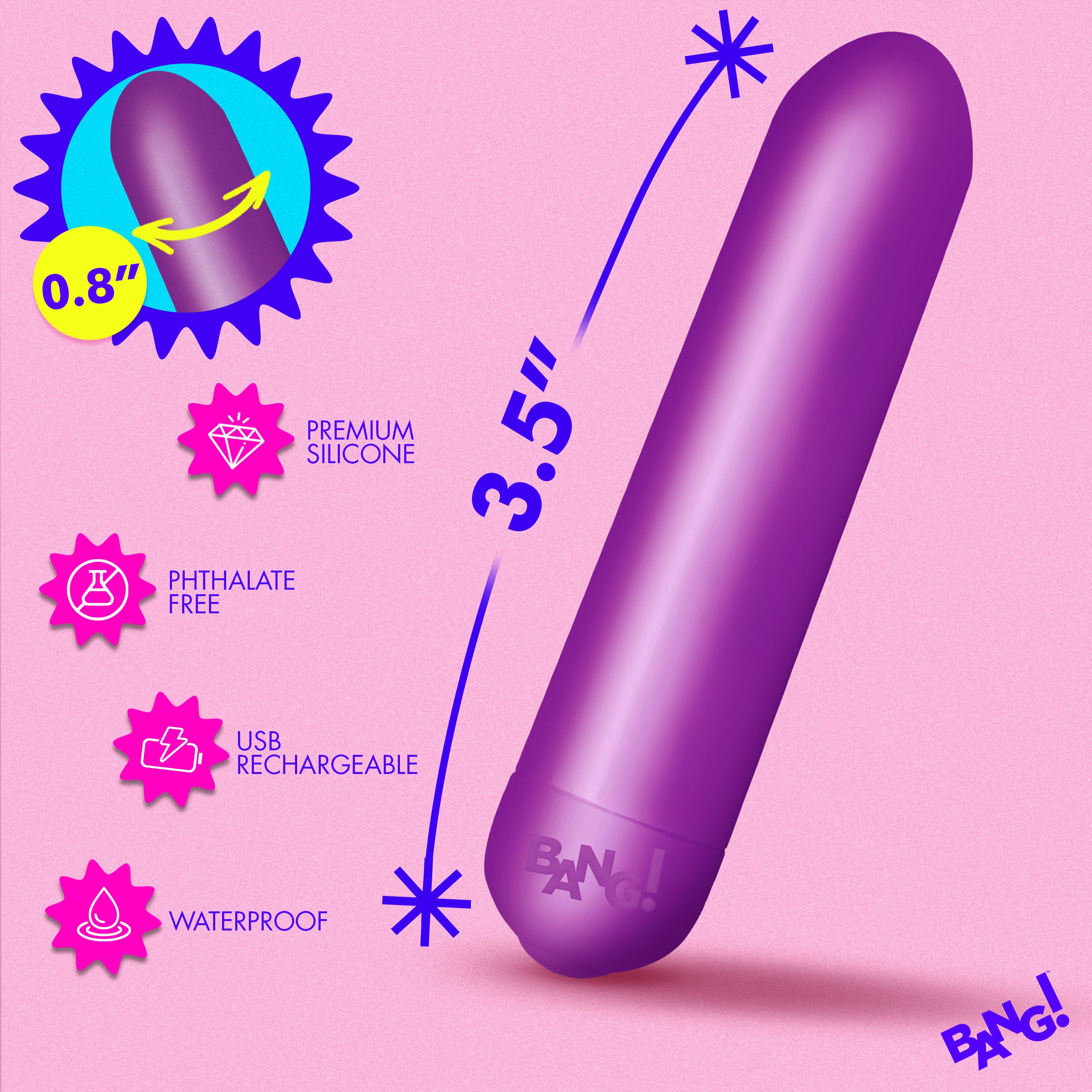 Bang Ultra Powerful Bullet Vibrator Purple features premium silicone, USB rechargeable, waterproof, phthalate free.