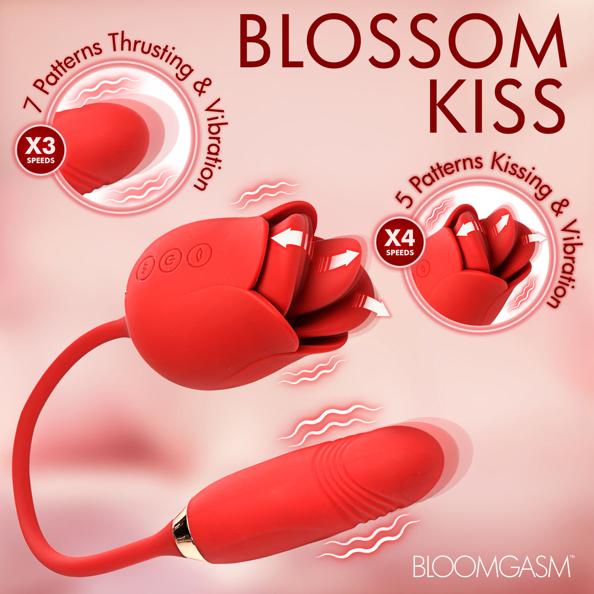 Blossom Kiss Licking Clit Stimulator with Thrusting Vibrator features a red design with multiple speeds and patterns.