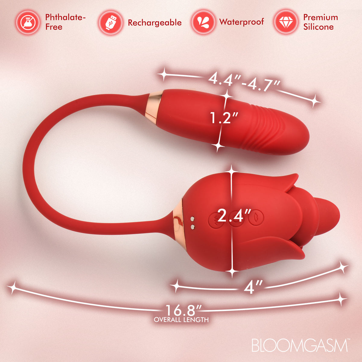 Blossom Kiss Licking Clit Stimulator with Thrusting Vibrator dimensions and features on a red silicone design.