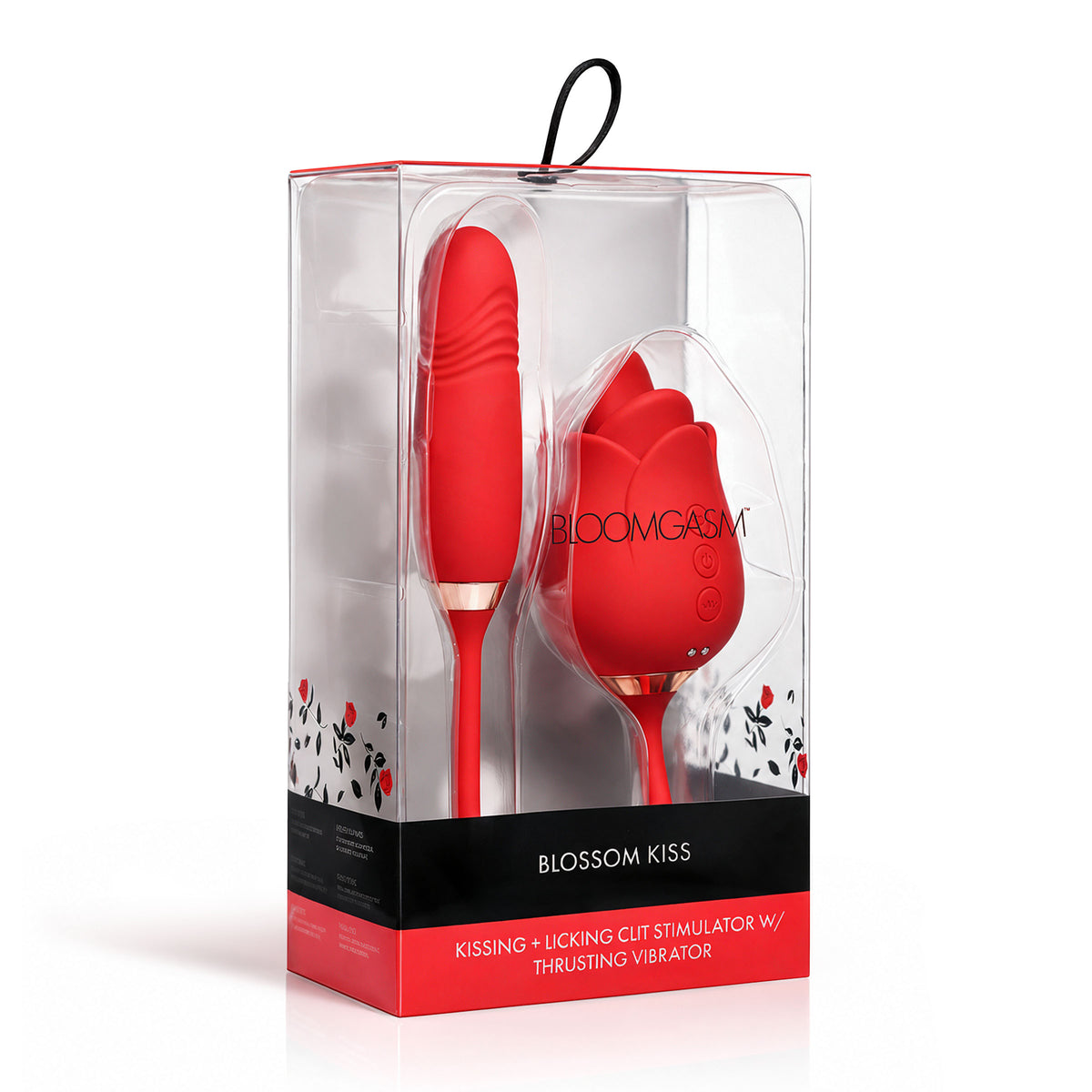 Blossom Kiss Licking Clit Stimulator with Thrusting Vibrator in red packaging showcasing features.