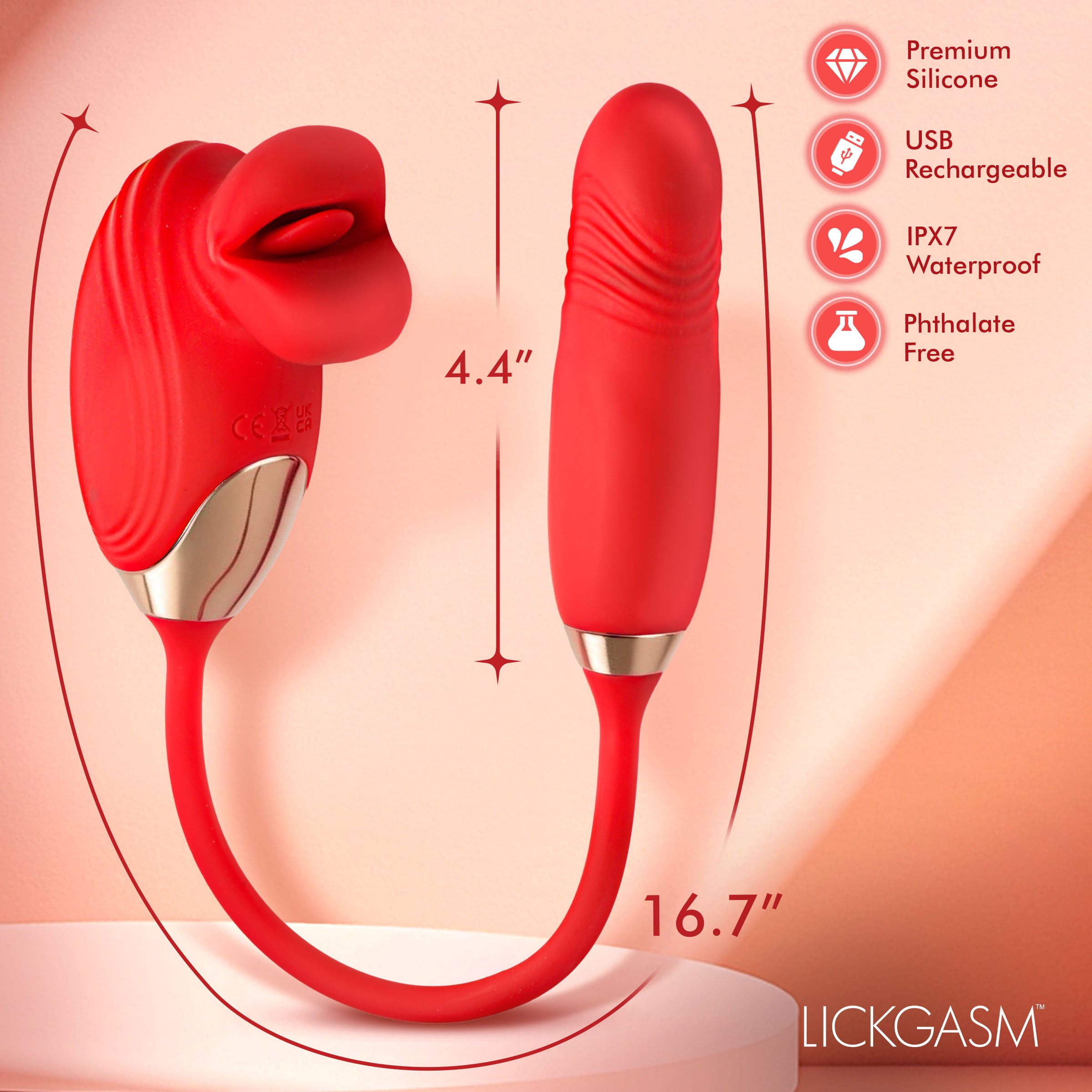 Bliss Kiss Kissing Clitoral Stimulator with Thrusting Vibrator showcased with dimensions and features.