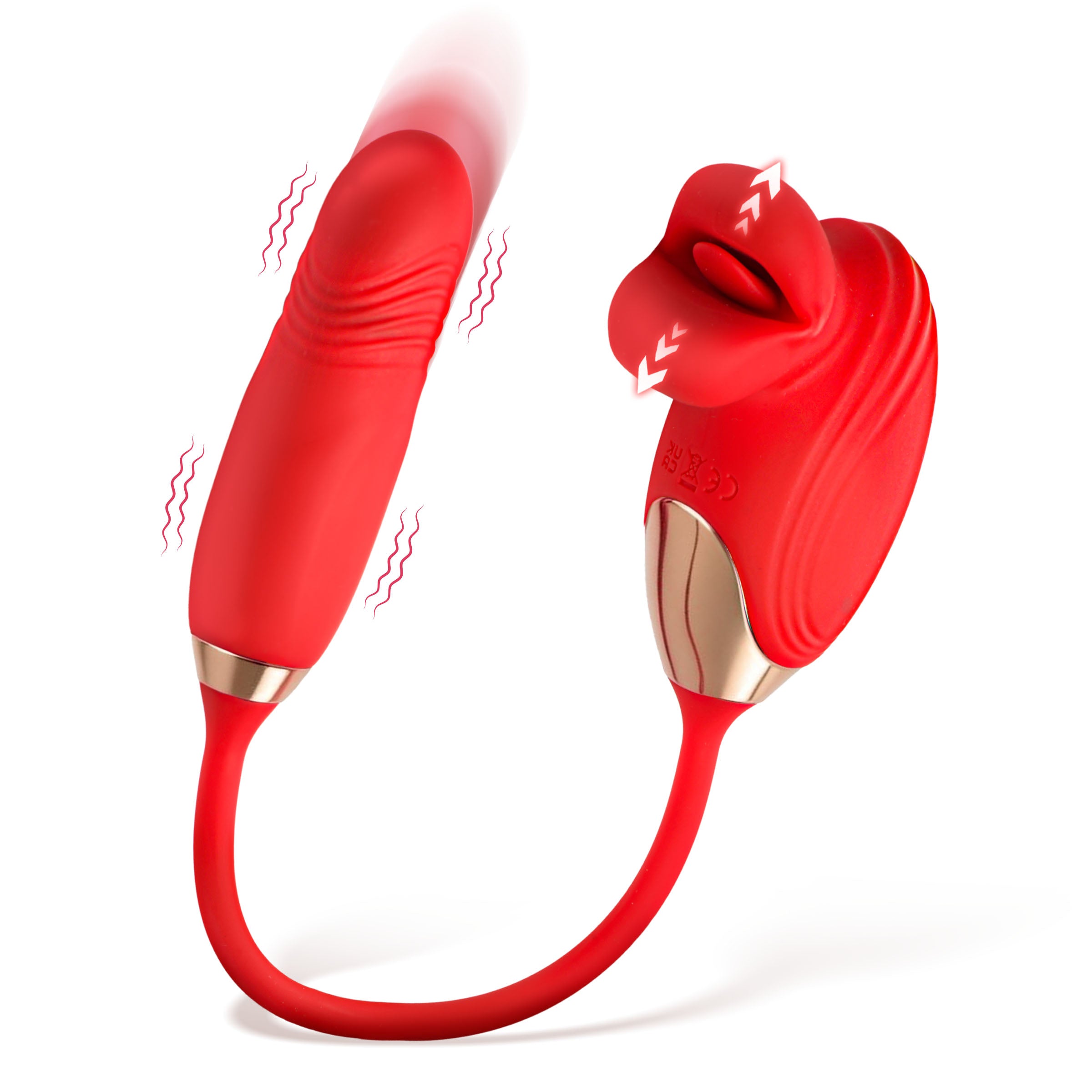 Bliss Kiss Kissing Clitoral Stimulator with Thrusting Vibrator in red, featuring flexible design and dual stimulation options.