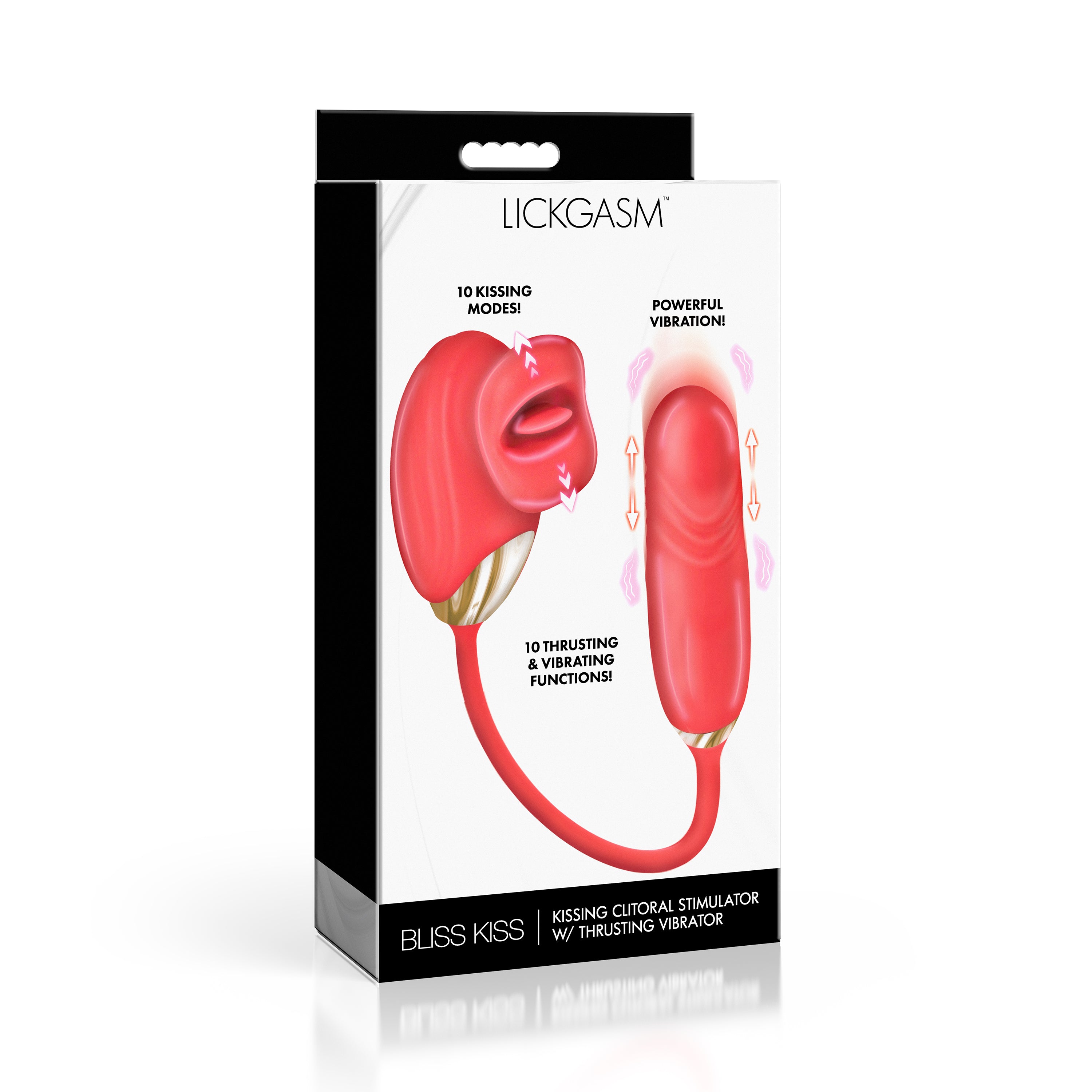 Bliss Kiss Kissing Clitoral Stimulator with Thrusting Vibrator in packaging showcasing features.