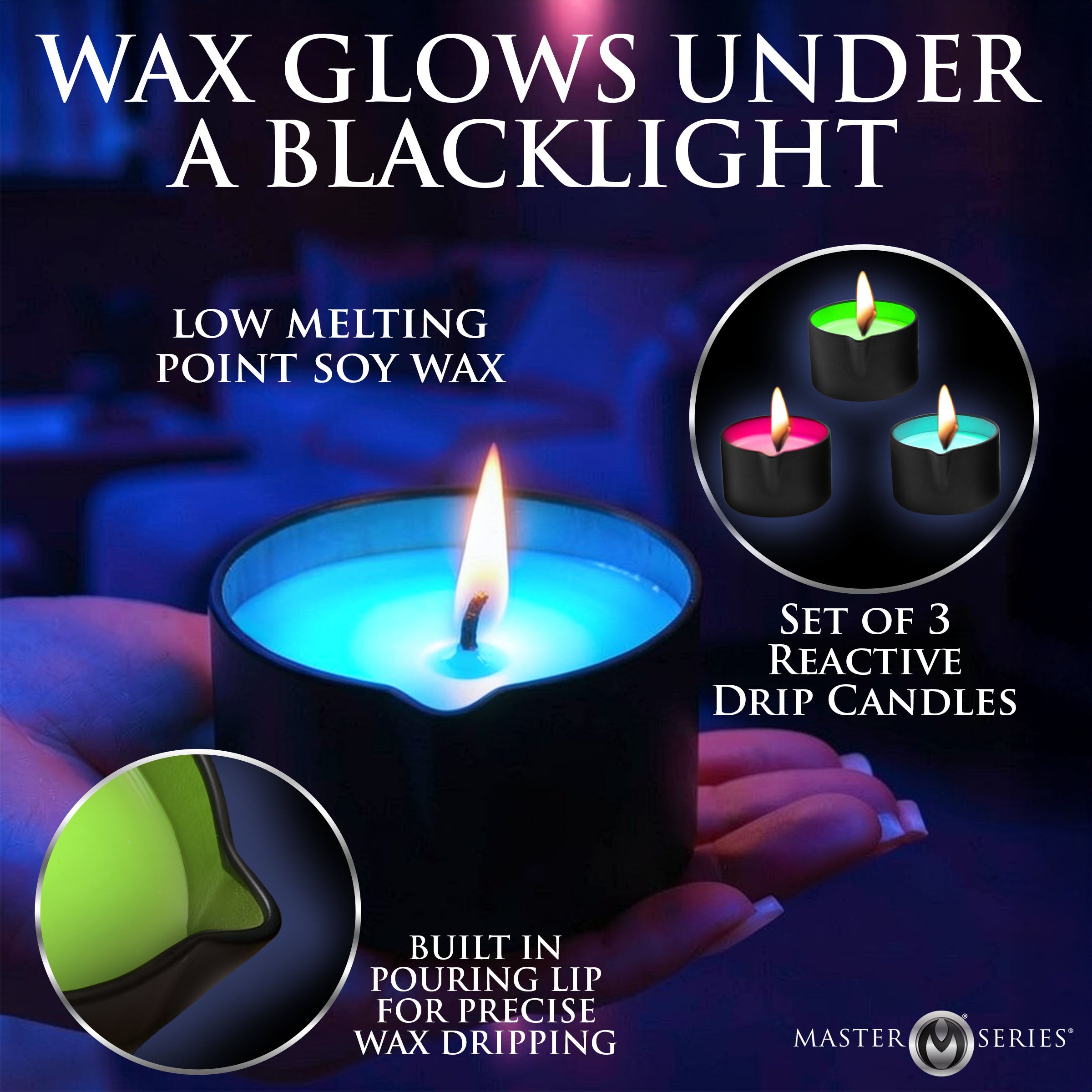 Wicked Wax Blacklight Reactive Drip Candle Set of 3 glowing under blacklight with low melting point soy wax.