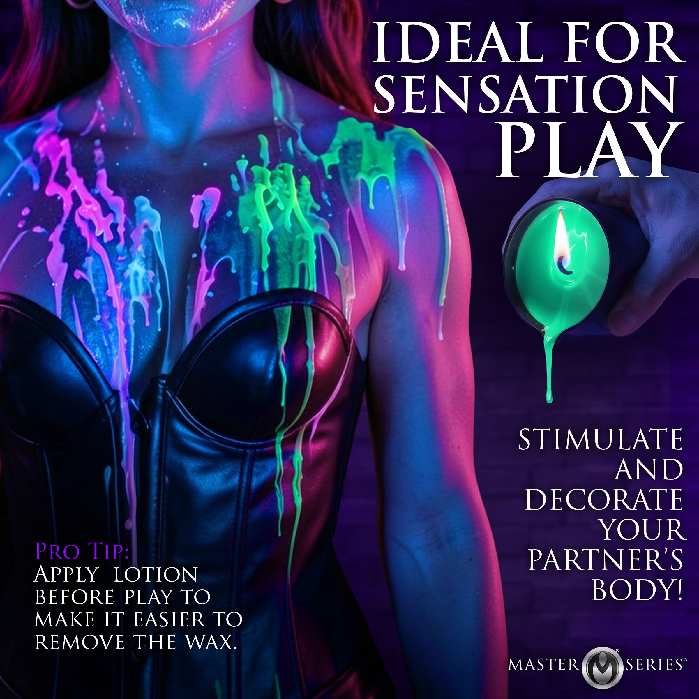 Wicked Wax Blacklight Reactive Drip Candle Set of 3 displayed with vibrant wax cascading for sensation play.