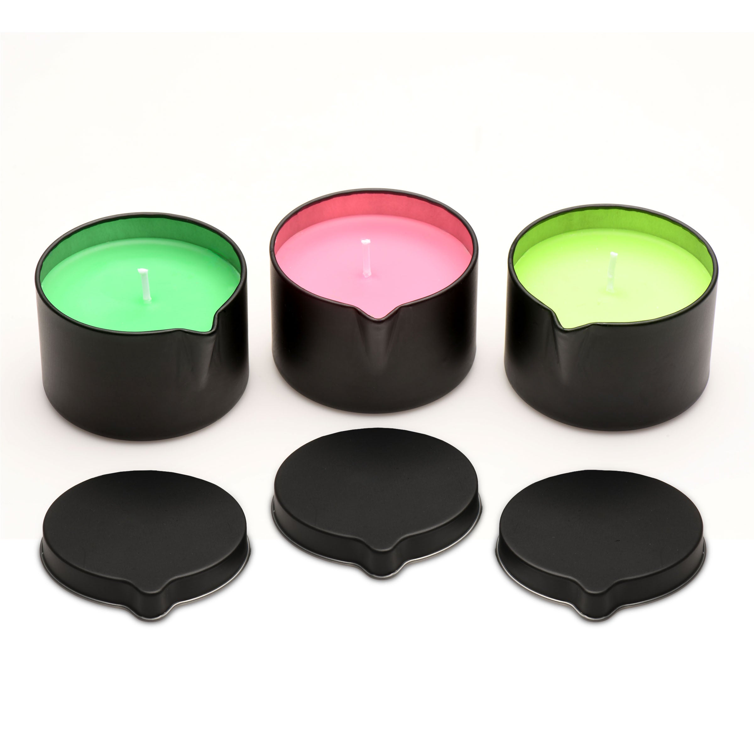 Wicked Wax Blacklight Reactive Drip Candle Set of 3 featuring vibrant green, pink, and yellow candles in black containers.