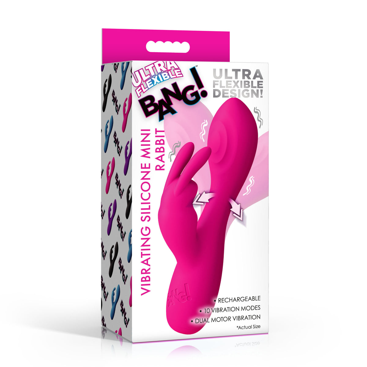 Flexible Vibrating Silicone Mini Rabbit Pink packaging showcasing its ultra-flexible design and dual motor features.
