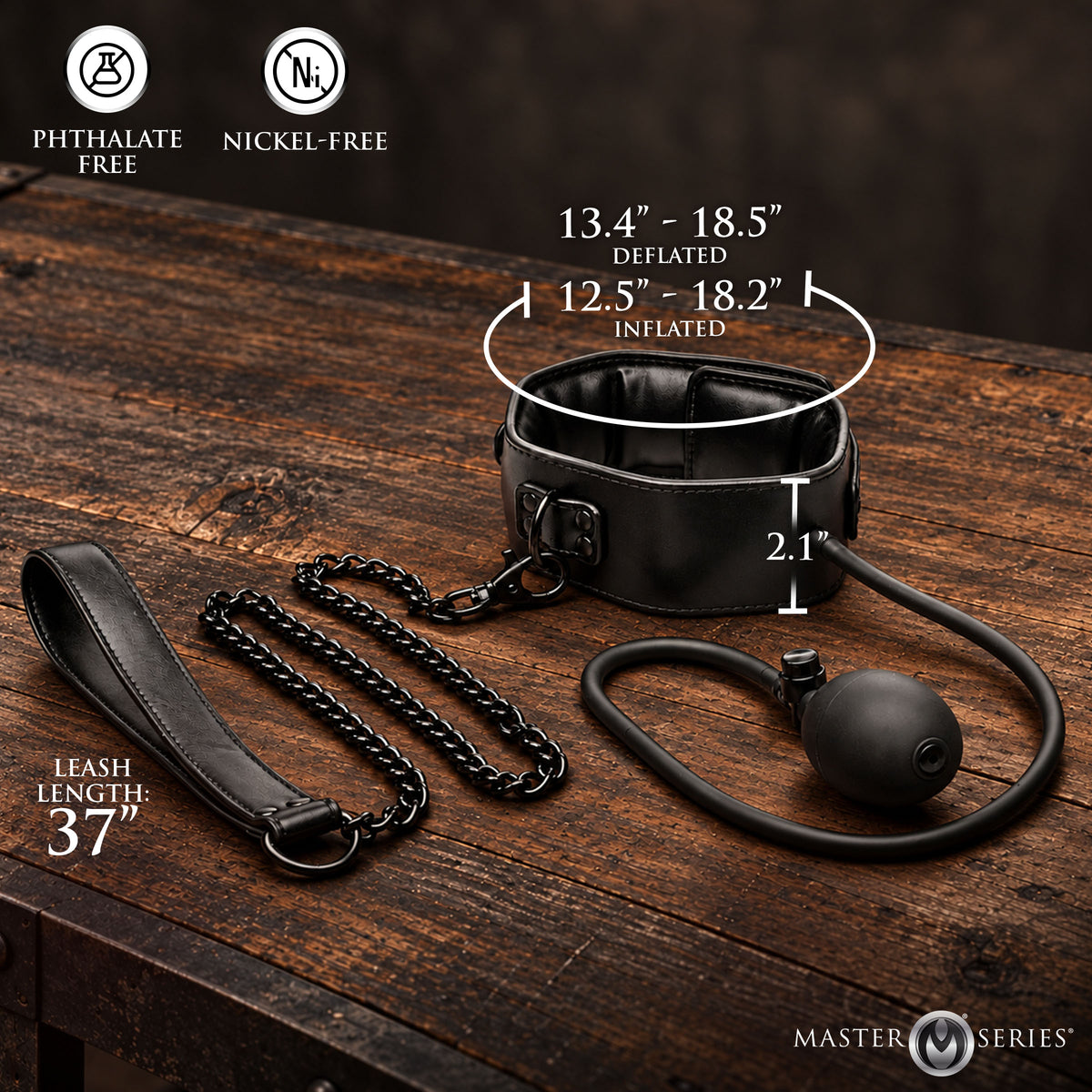 Master Series Constrict Inflatable Collar with Leash Black displayed on wooden surface with detailed measurements.