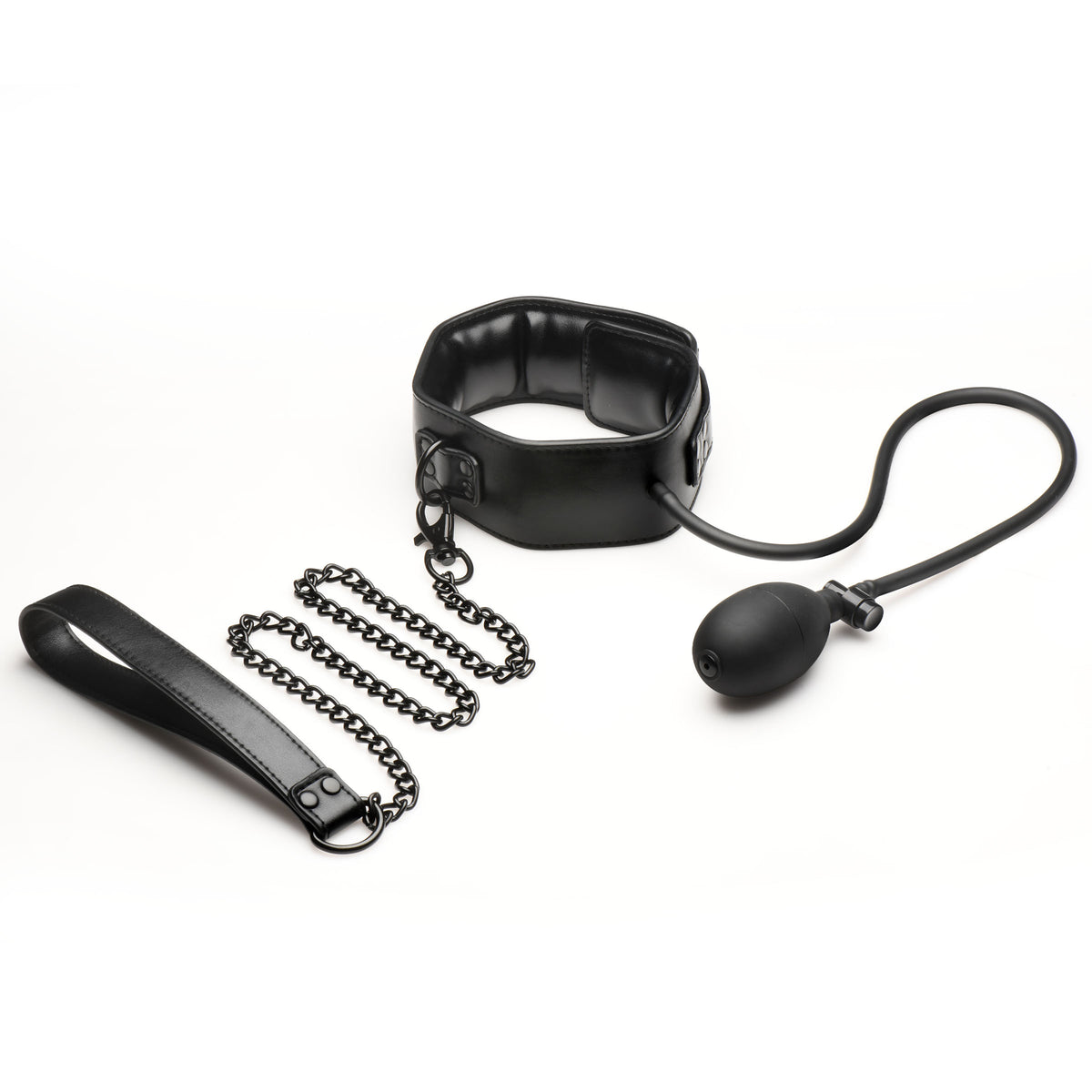 Master Series Constrict Inflatable Collar with Leash Black, featuring a soft bulb and chain attachment.