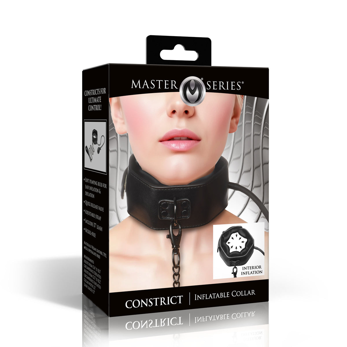 Master Series Constrict Inflatable Collar with Leash Black packaging showcasing adjustable collar features.