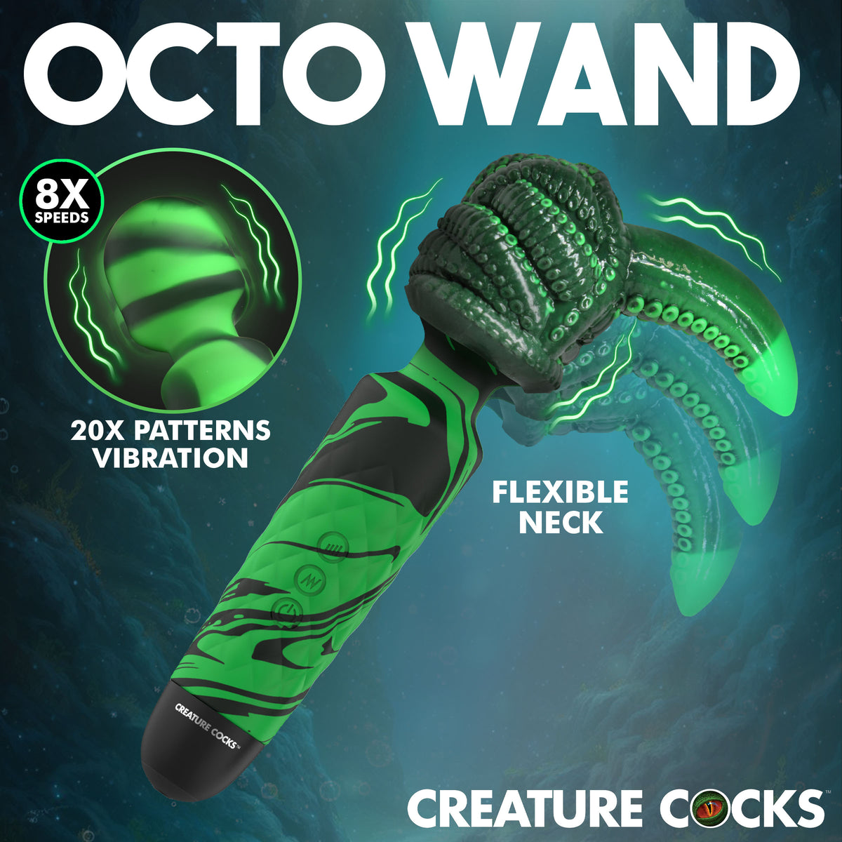 Creature Cocks Octo Wand Vibrator With Tentacle Attachment, green silicone, flexible neck, and 8 speeds for dual stimulation.
