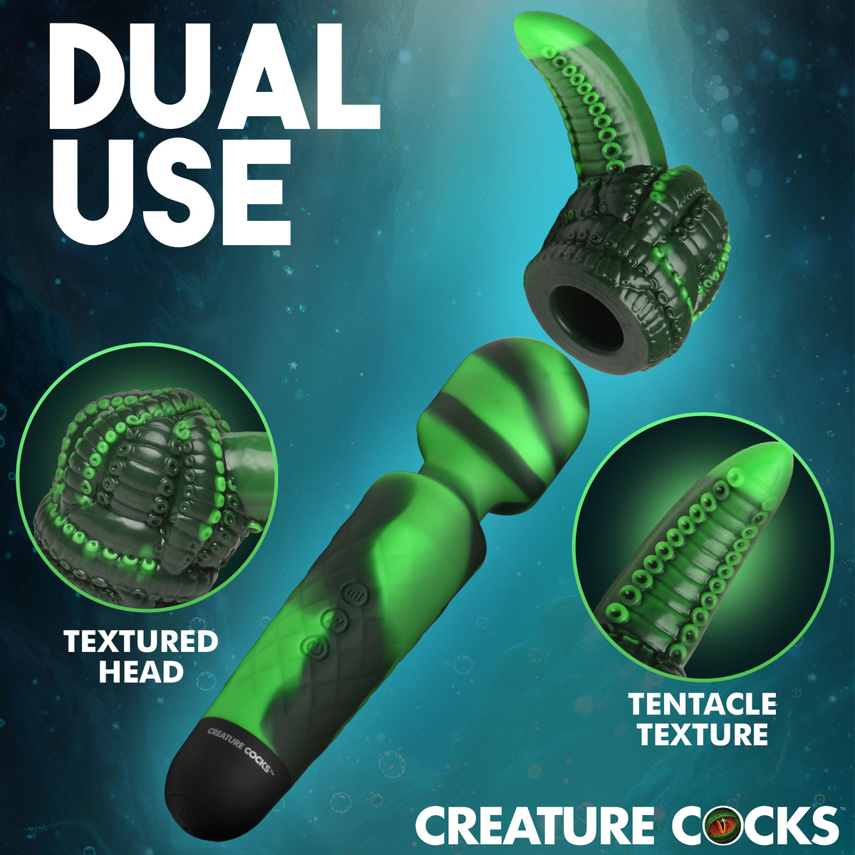Creature Cocks Octo Wand Vibrator With Tentacle Attachment showcasing its dual-use design and textured features.