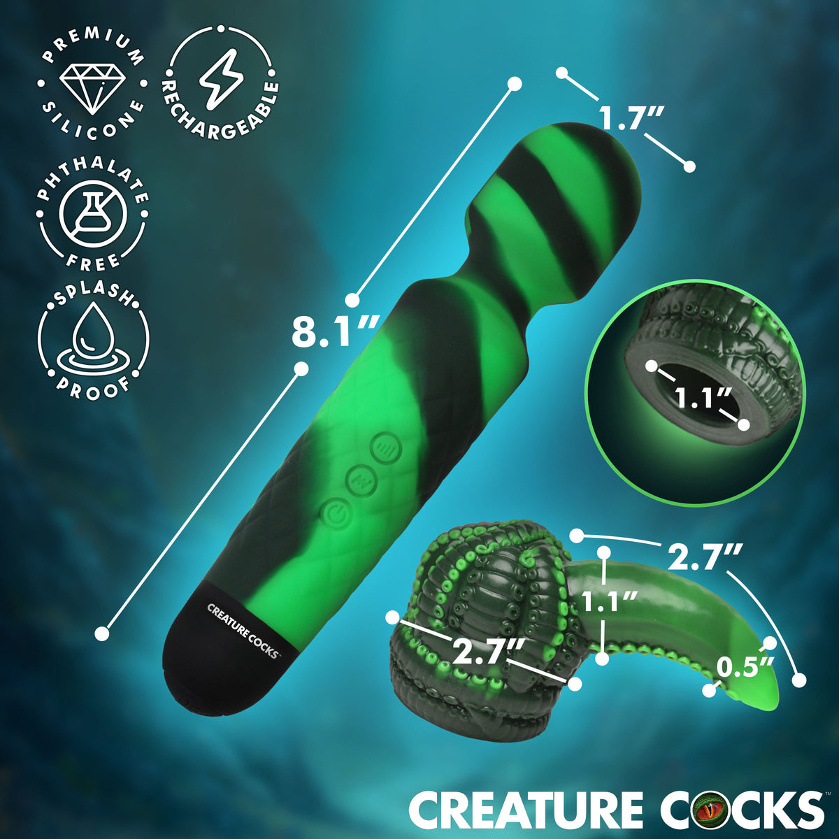 Creature Cocks Octo Wand Vibrator With Tentacle Attachment dimensions and features highlighted.