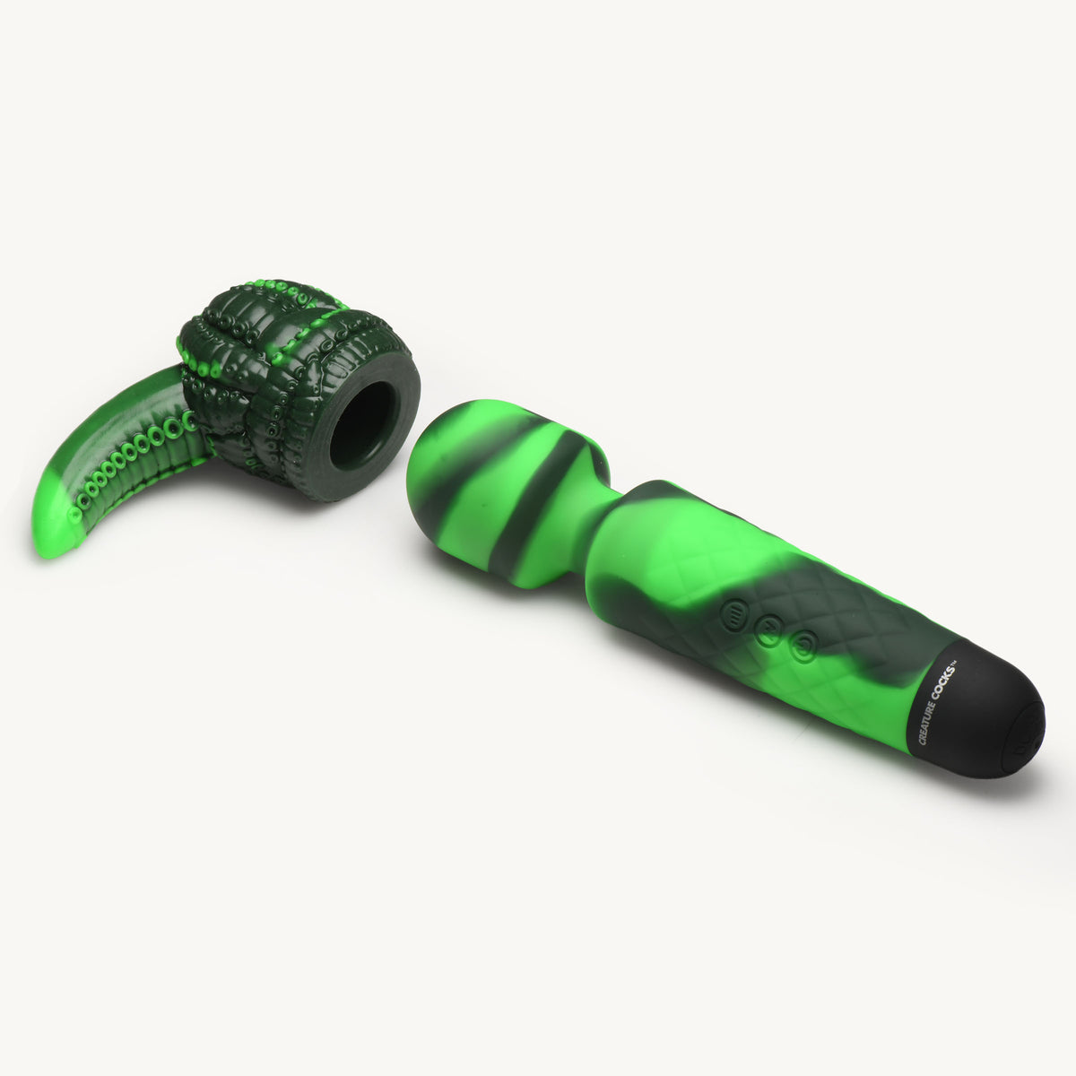 Creature Cocks Octo Wand Vibrator With Tentacle Attachment in green silicone. Dual-stimulation design with removable tentacle.
