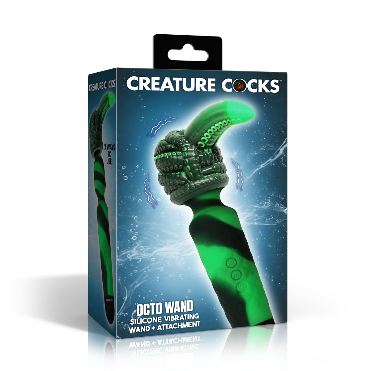 Creature Cocks Octo Wand Vibrator With Tentacle Attachment packaging featuring a green silicone design.