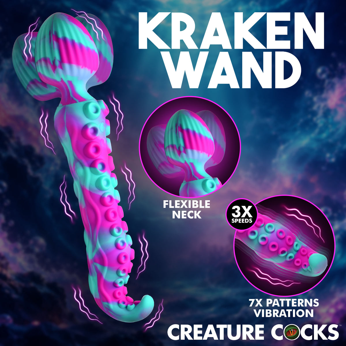 Kraken Wand Dual-Ended Silicone Wand Massager with flexible neck, 3 speeds and 7 patterns for versatile use.