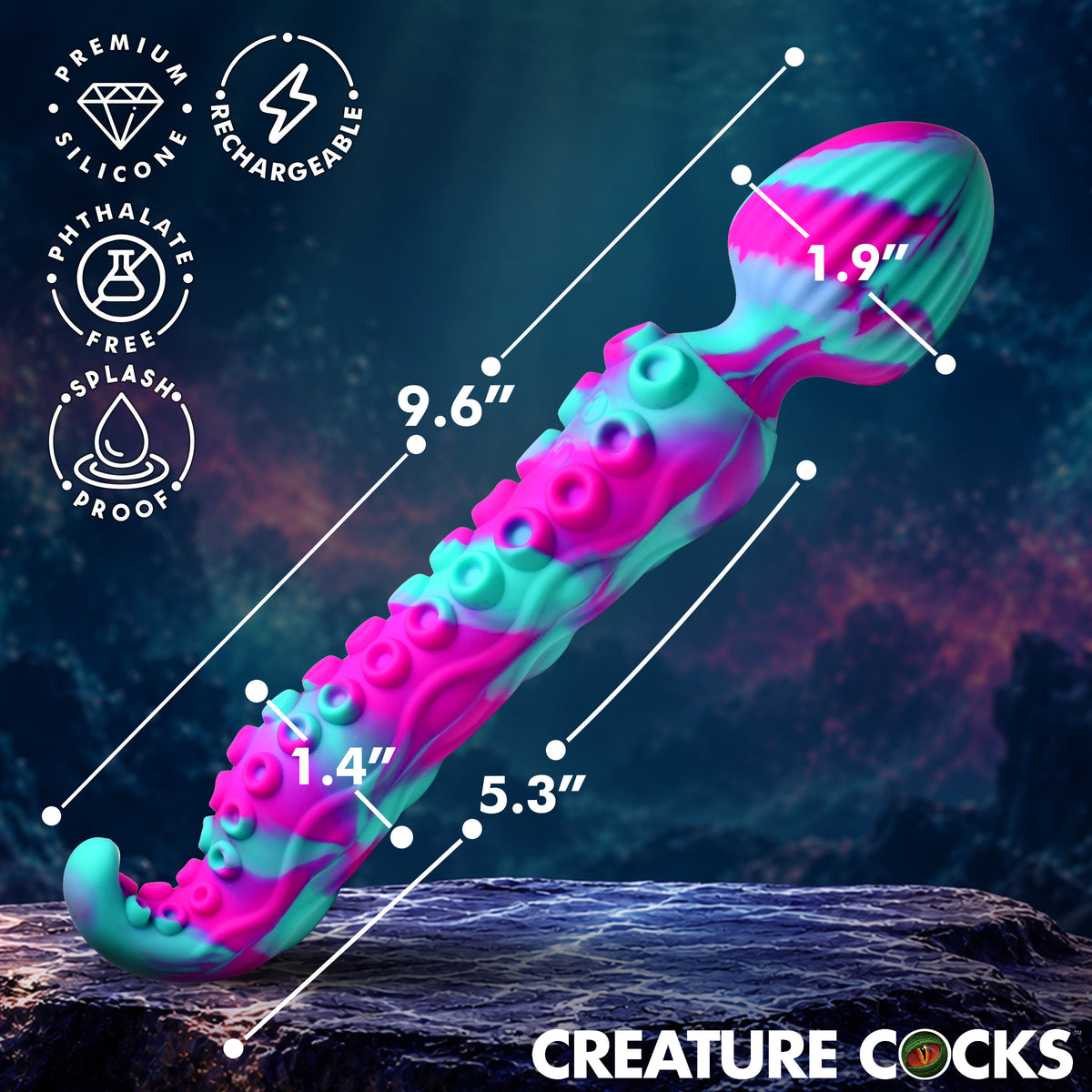 Kraken Wand Dual-Ended Silicone Wand Massager dimensions and features, including premium silicone material.