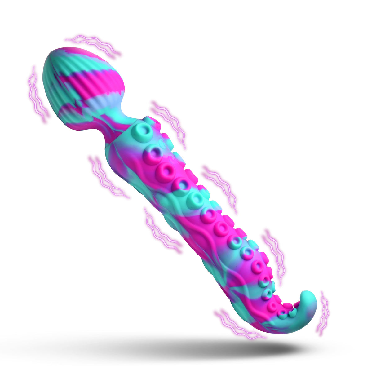Kraken Wand Dual-Ended Silicone Wand Massager in vibrant pink and blue with ribbed head and tentacle texture.