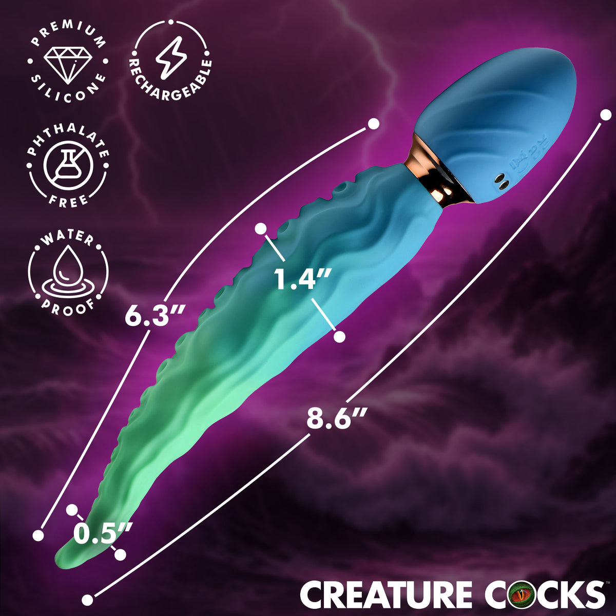 Creature Cocks Deep Squirmer Squirming Silicone Vibrator with tentacle design and dimensions for optimal use.