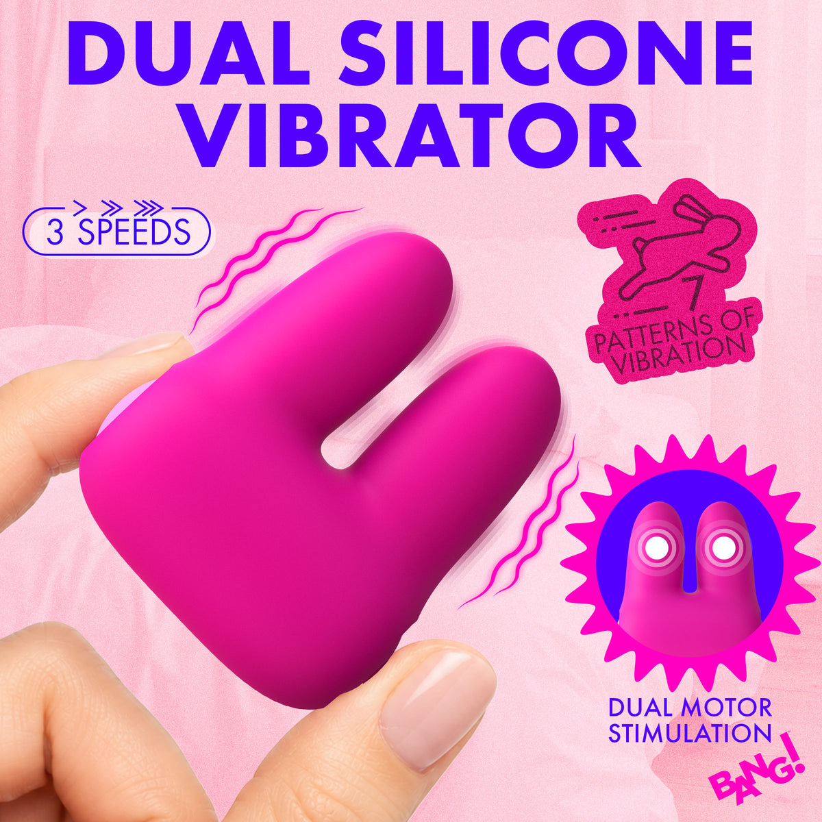 Bang Dual Silicone Vibrator Pink in hand showcasing dual motor stimulation and three speed options.