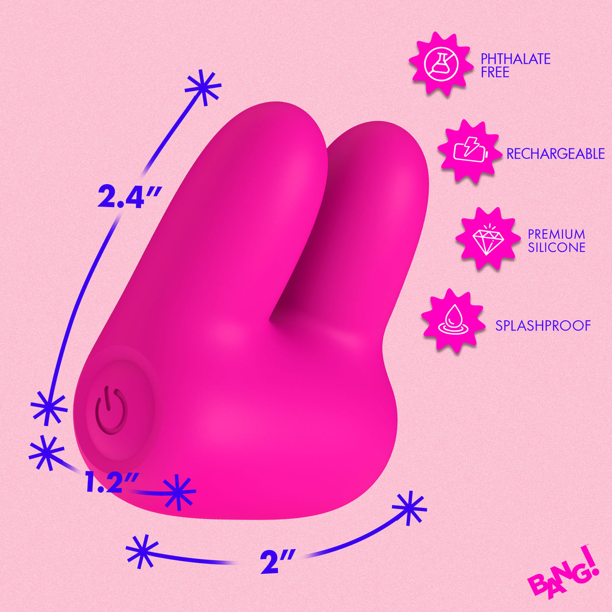 Bang Dual Silicone Vibrator Pink features soft silicone ears designed for enhanced clitoral stimulation.