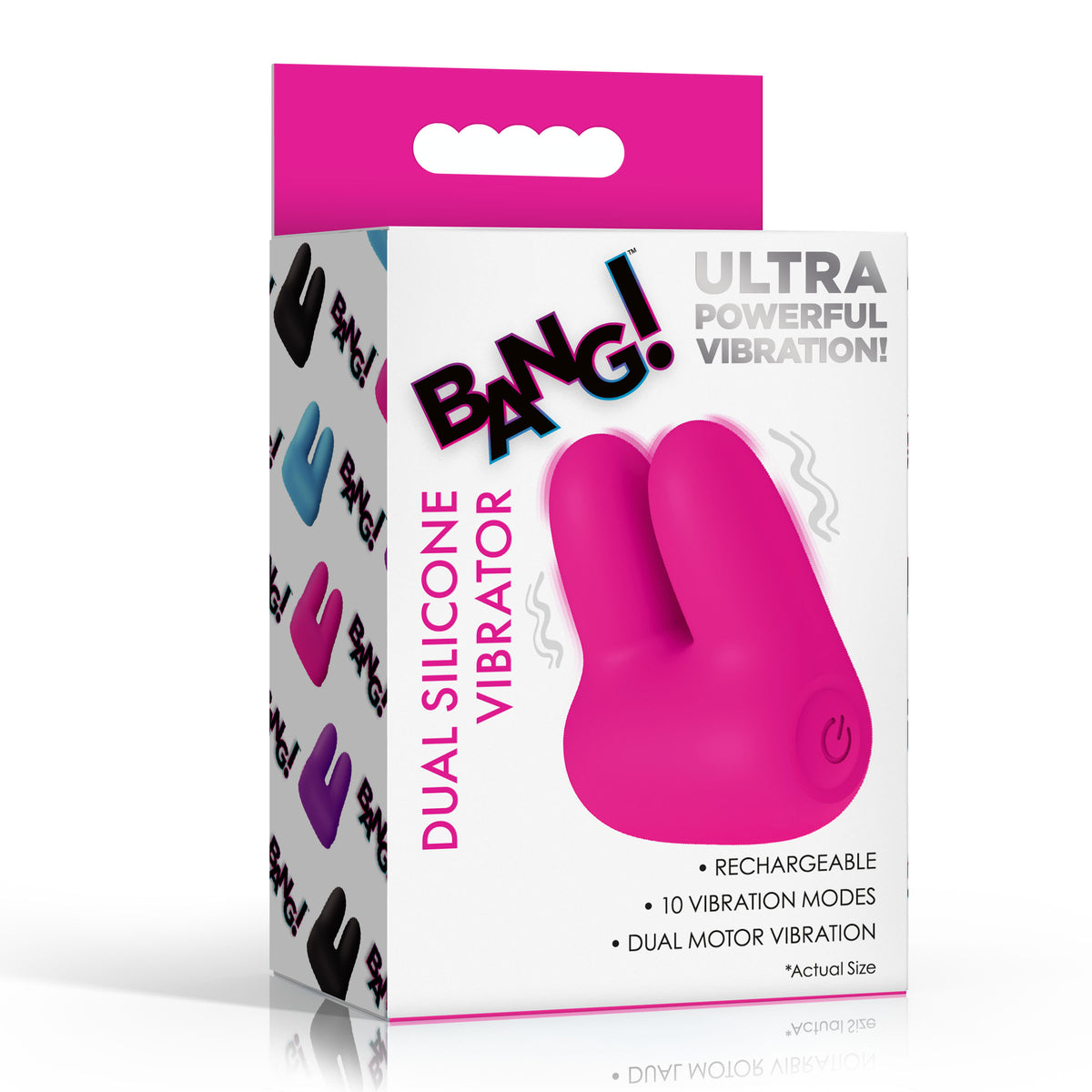 Bang Dual Silicone Vibrator Pink packaging showcasing dual motor vibration and 10 vibration modes.