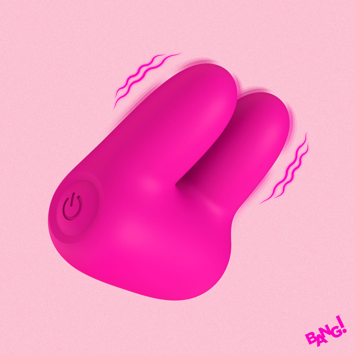 Bang Dual Silicone Vibrator Pink showcasing its dual silicone ears and vibrant design on a pink background.