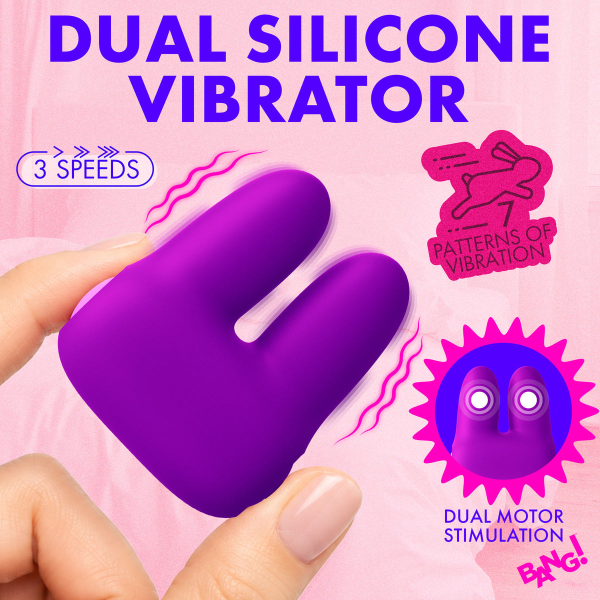Image of Dual Silicone Clitoral Vibrator Purple showcasing its soft silicone ears and user interface for stimulation modes.