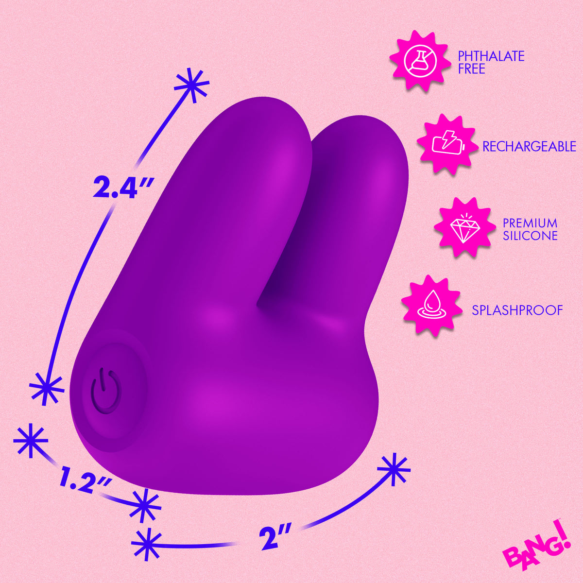 Dual Silicone Clitoral Vibrator Purple with phthalate-free, splashproof premium silicone design and dimensions labeled.