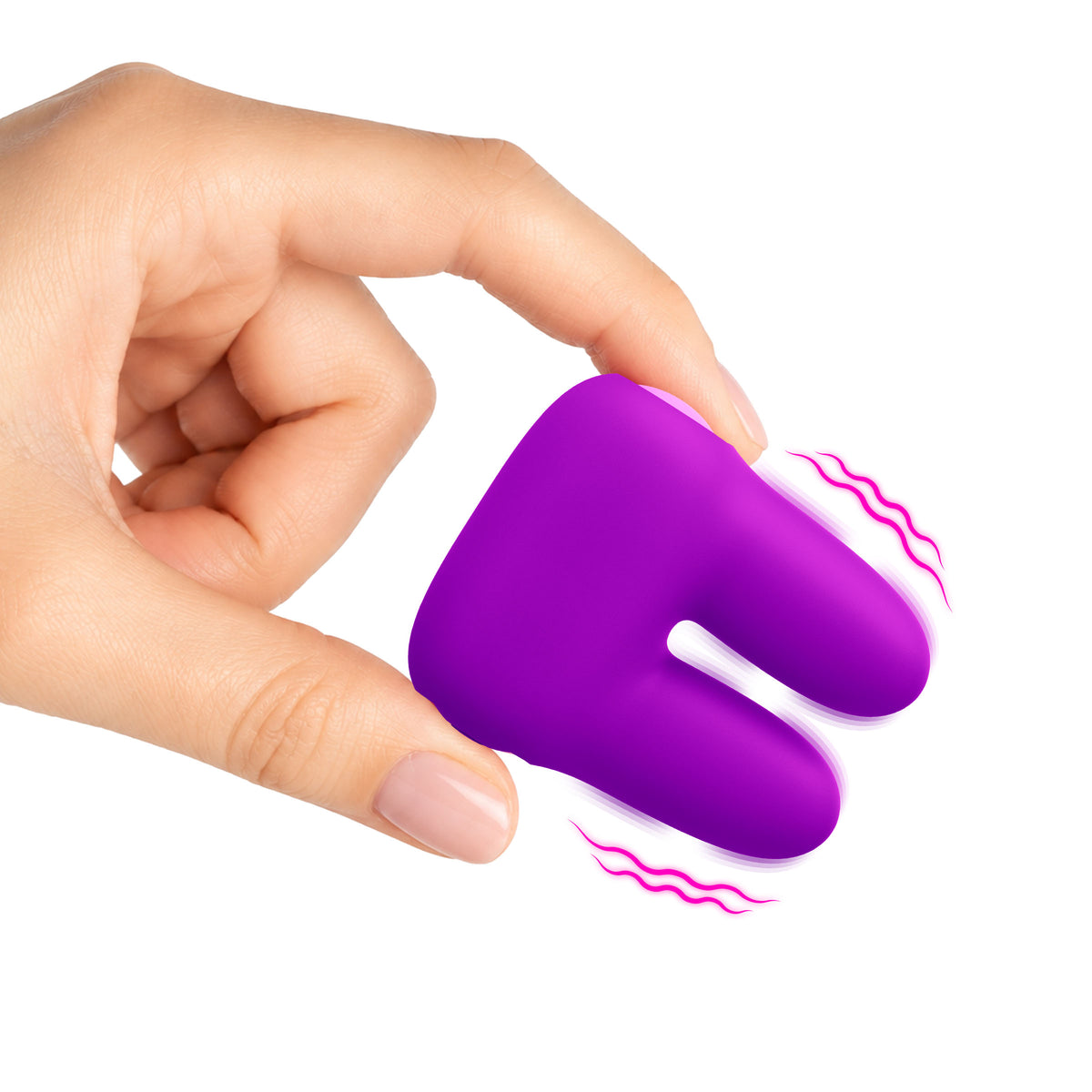 Close-up of a hand holding the Dual Silicone Clitoral Vibrator Purple with focused stimulation features.