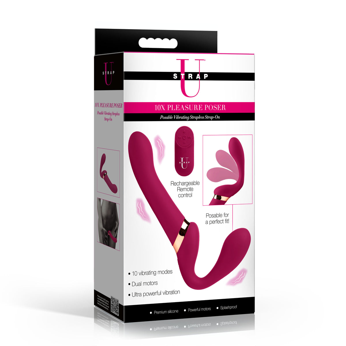 10X Pleasure Poser Posable Vibrating Strapless Strap-On in packaging with rechargeable remote and features.