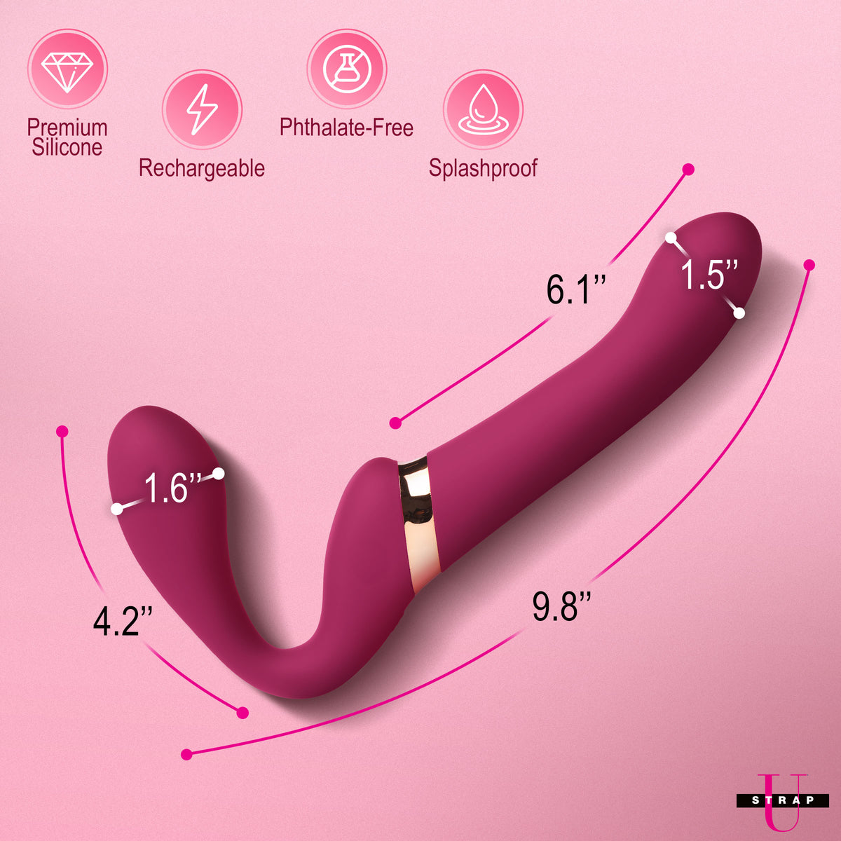 Image of 10X Pleasure Poser Posable Vibrating Strapless Strap-On showing dimensions and features.