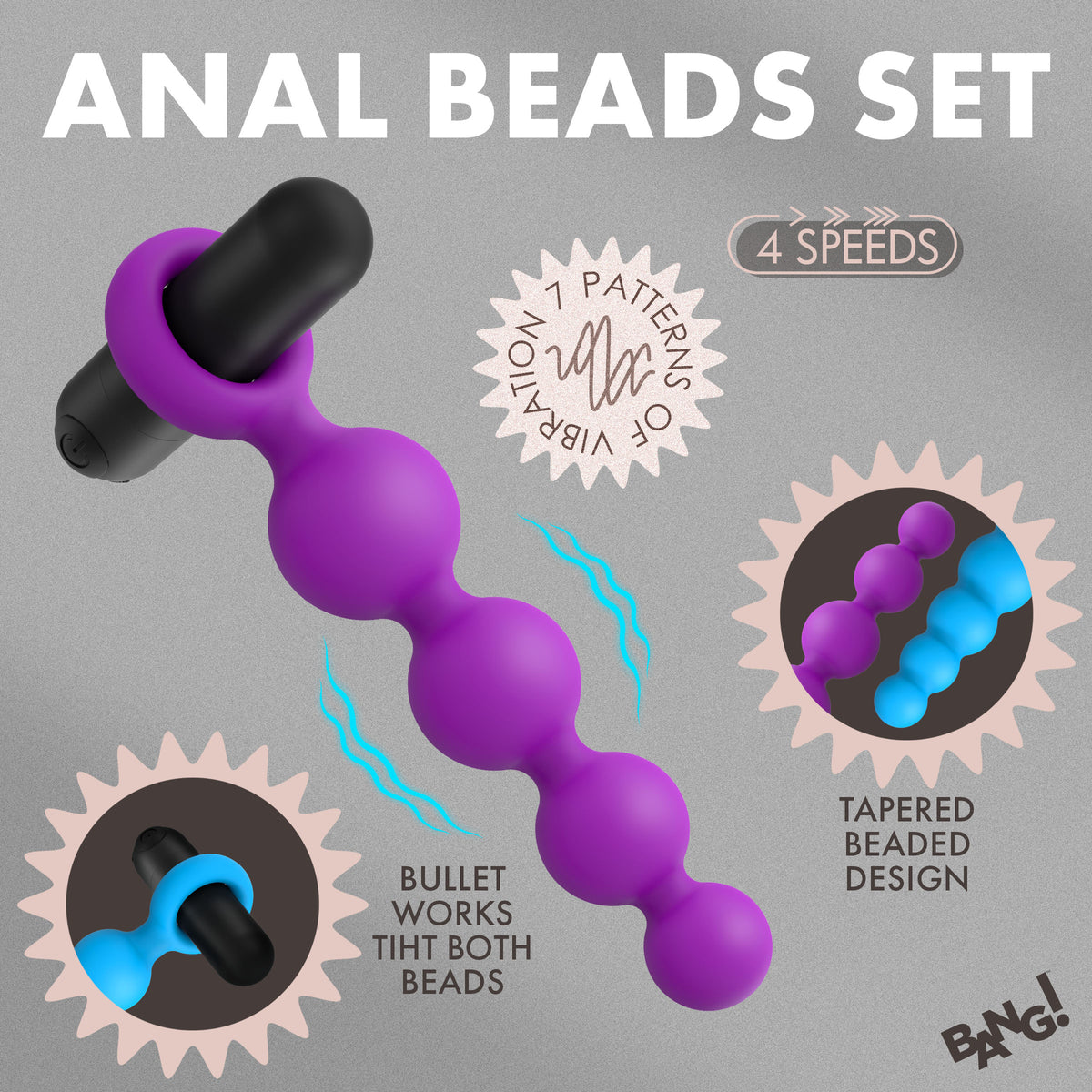 Vibrating Silicone Anal Beads Set With Remote featuring tapered design and interchangeable vibrating bullet.