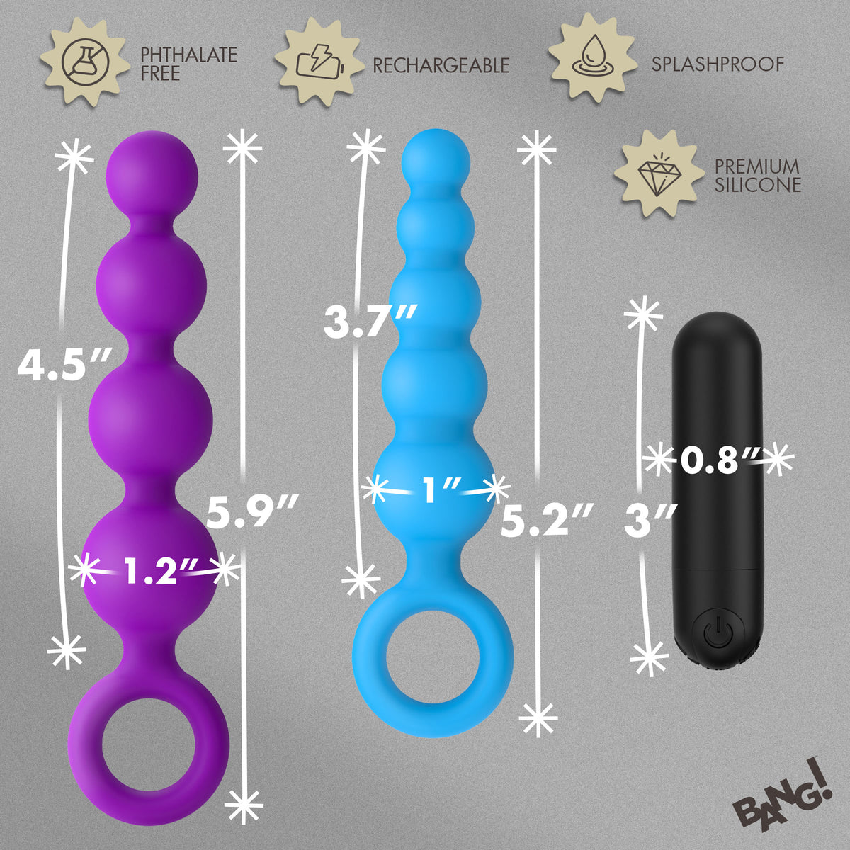 Vibrating Silicone Anal Beads Set With Remote featuring two strands, a vibrating bullet, and dimensions displayed.