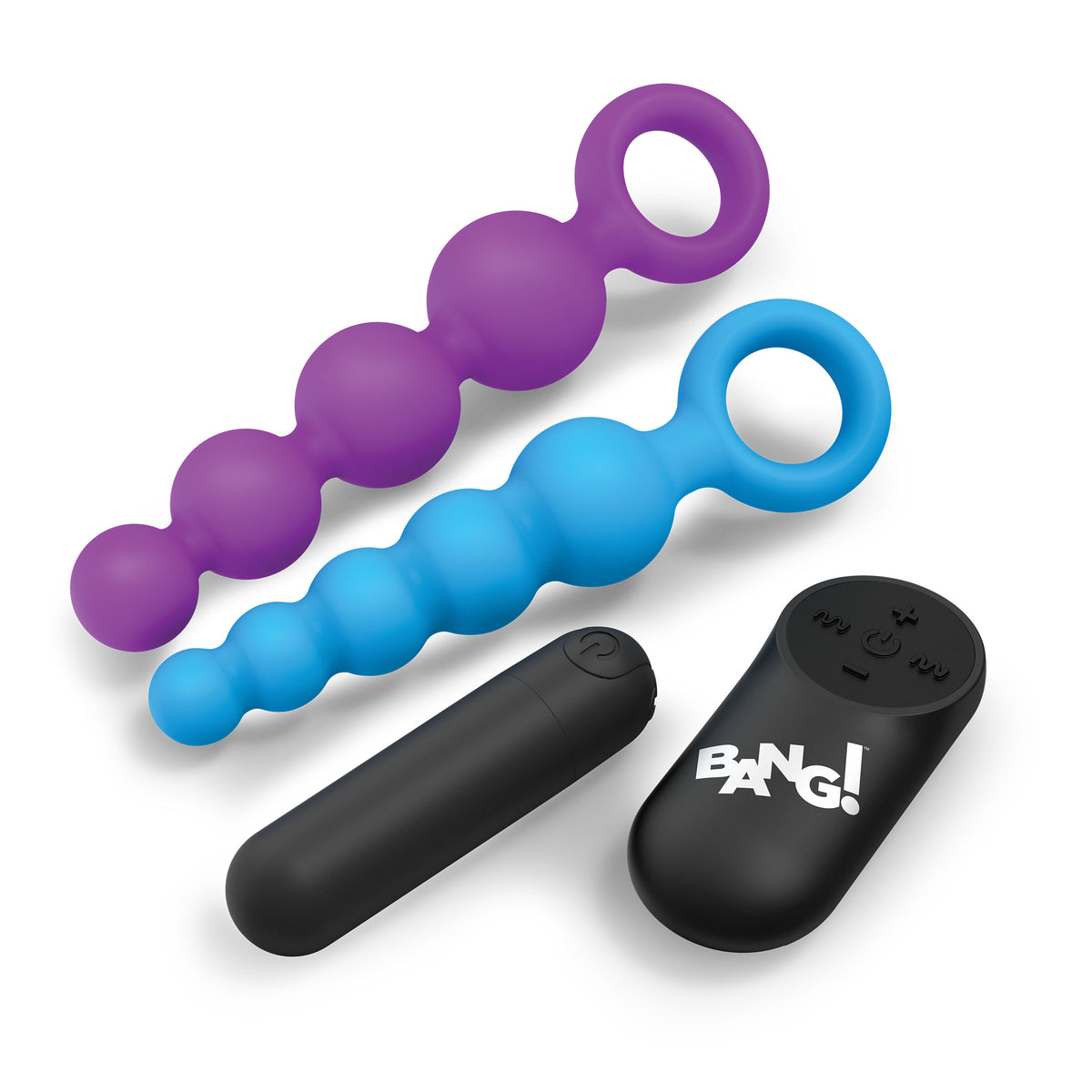 Vibrating Silicone Anal Beads Set With Remote featuring purple and blue strands with a wireless remote controller.