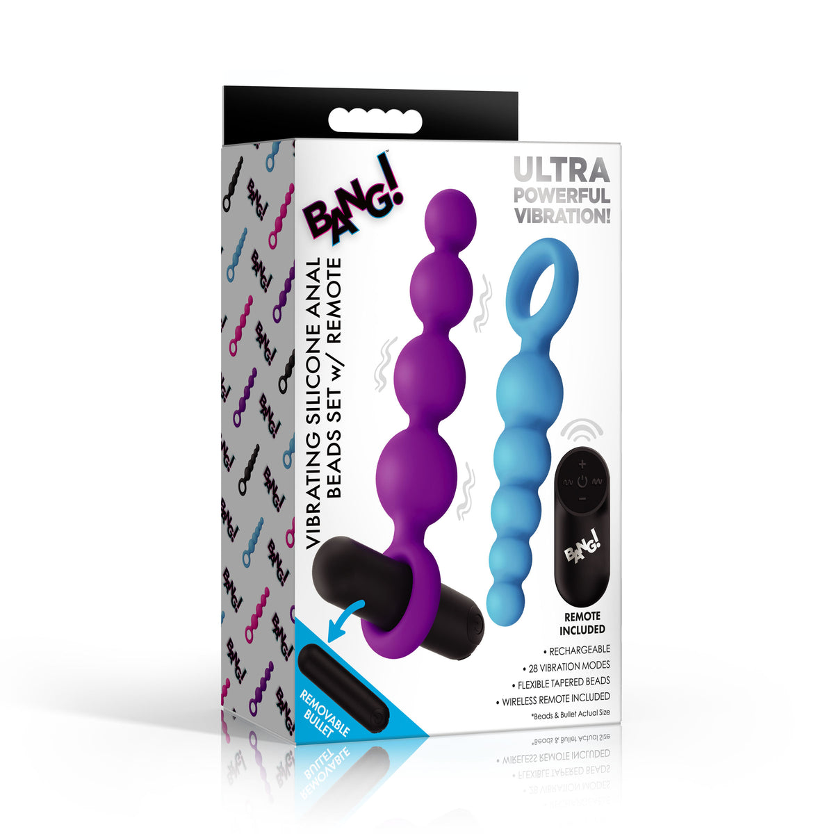 Vibrating Silicone Anal Beads Set With Remote packaging showing two strands, remote, and features listed.