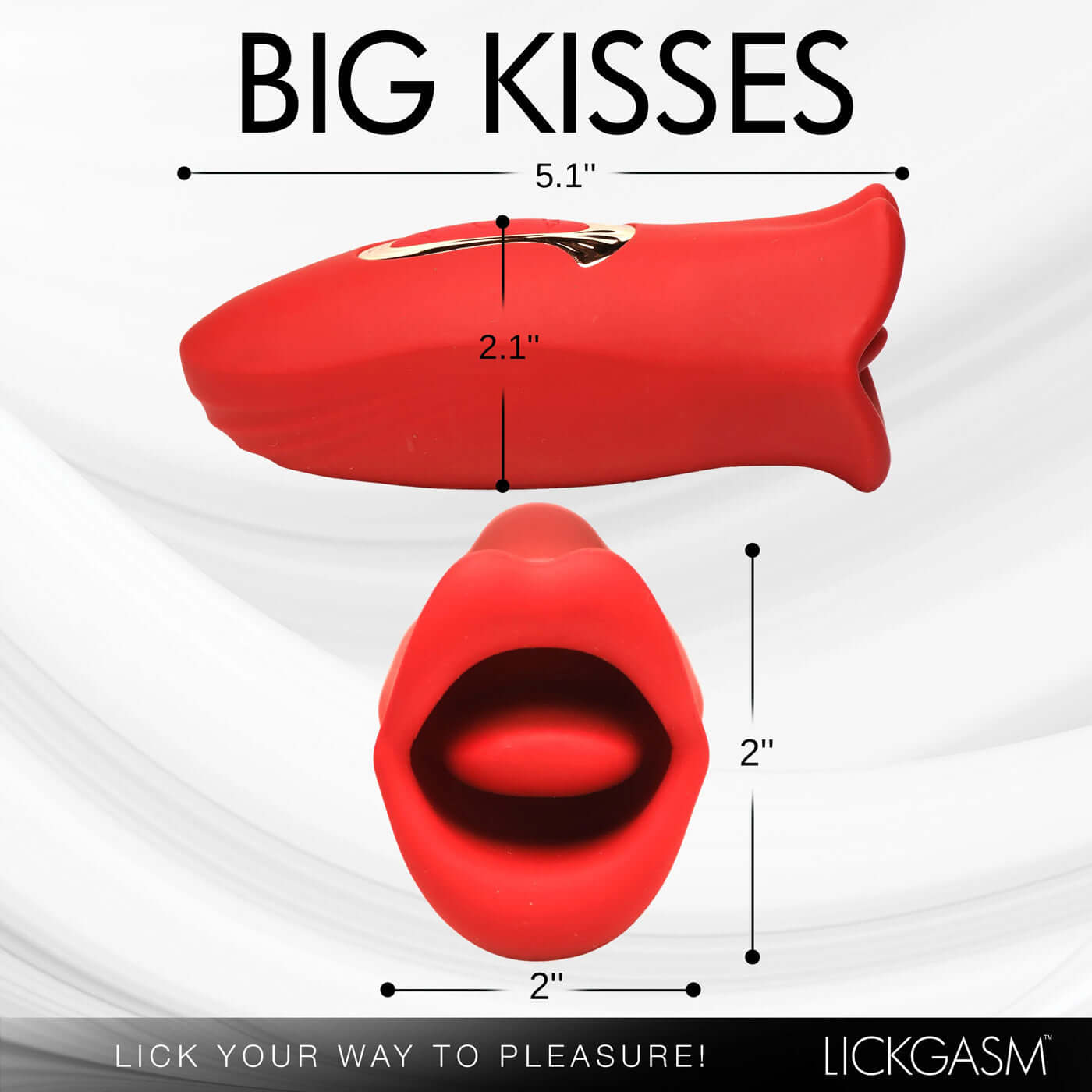 Lickgasm Kiss and Tell Mini Kissing and Vibrating Clitoral Stimulator in Red showing product dimensions.