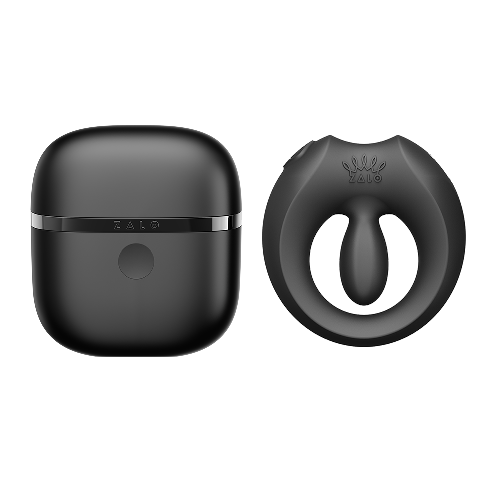 ZALO Apis Vibrating Couples Ring Obsidian Black shown next to its charging case in sleek black design.