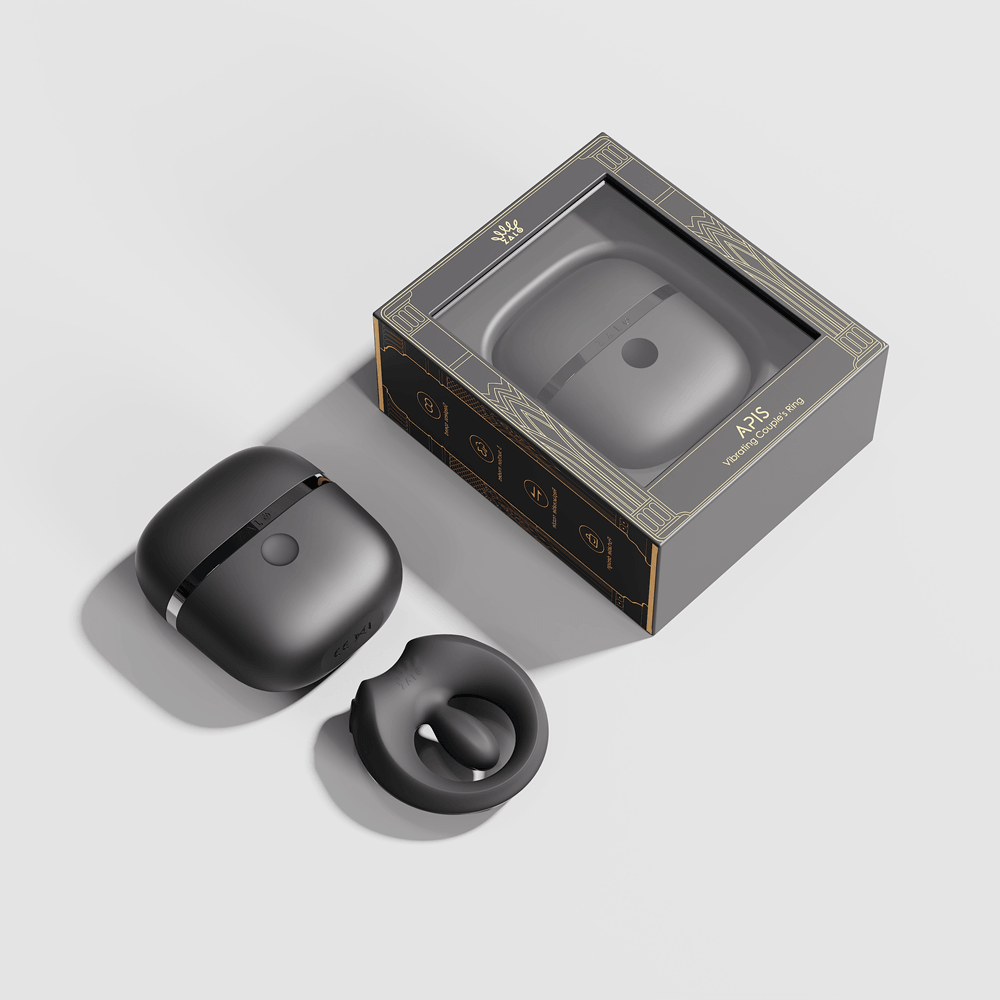 ZALO Apis Vibrating Couples Ring Obsidian Black shown with packaging and device design on a clean background.
