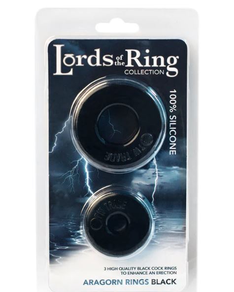 Lords Of The Ring Aragorn Cock Ring Black packaging featuring two silicone cock rings.