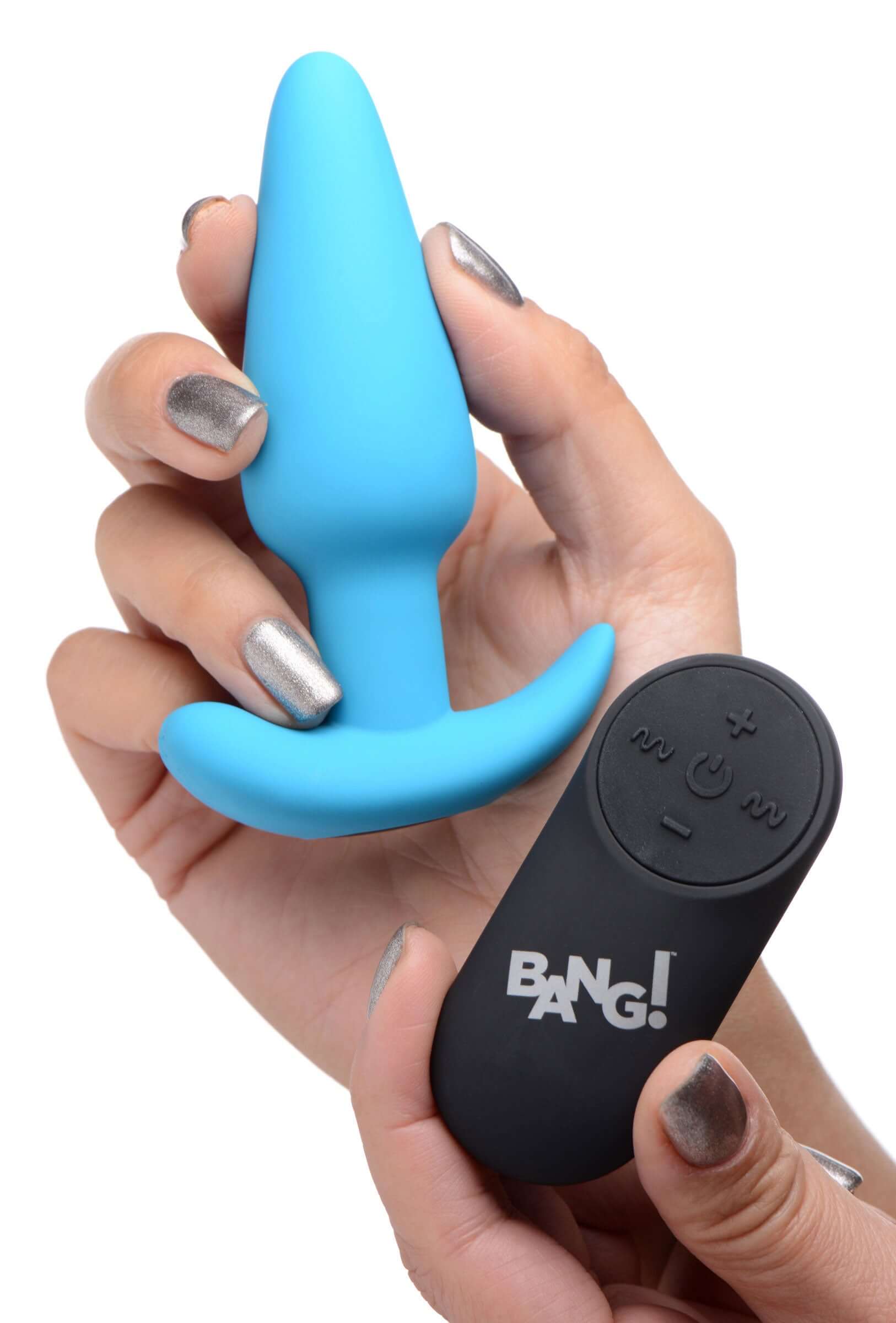 Bang 21 X Silicone Butt Plug With Remote Blue held in hand with remote control for easy stimulation.