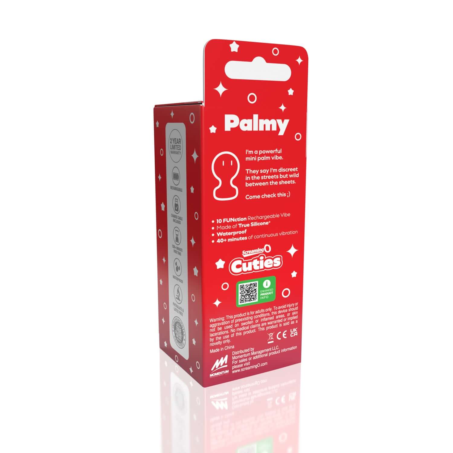 Screaming O Cuties Palmy Palm Vibrator packaging showcasing features and benefits in vibrant red design.