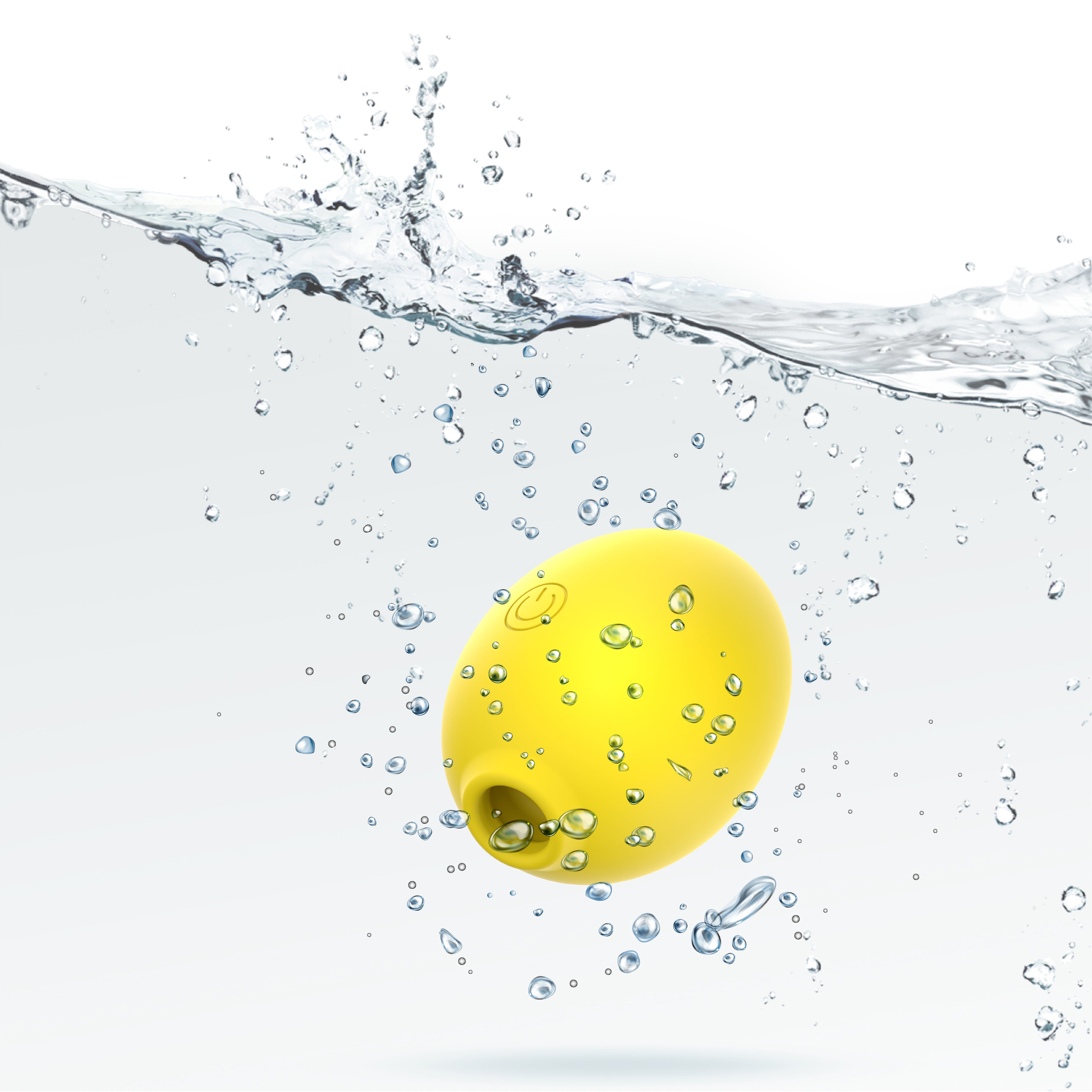 Dreamii Lemon Bliss Air Suction Massager floating in water surrounded by bubbles.