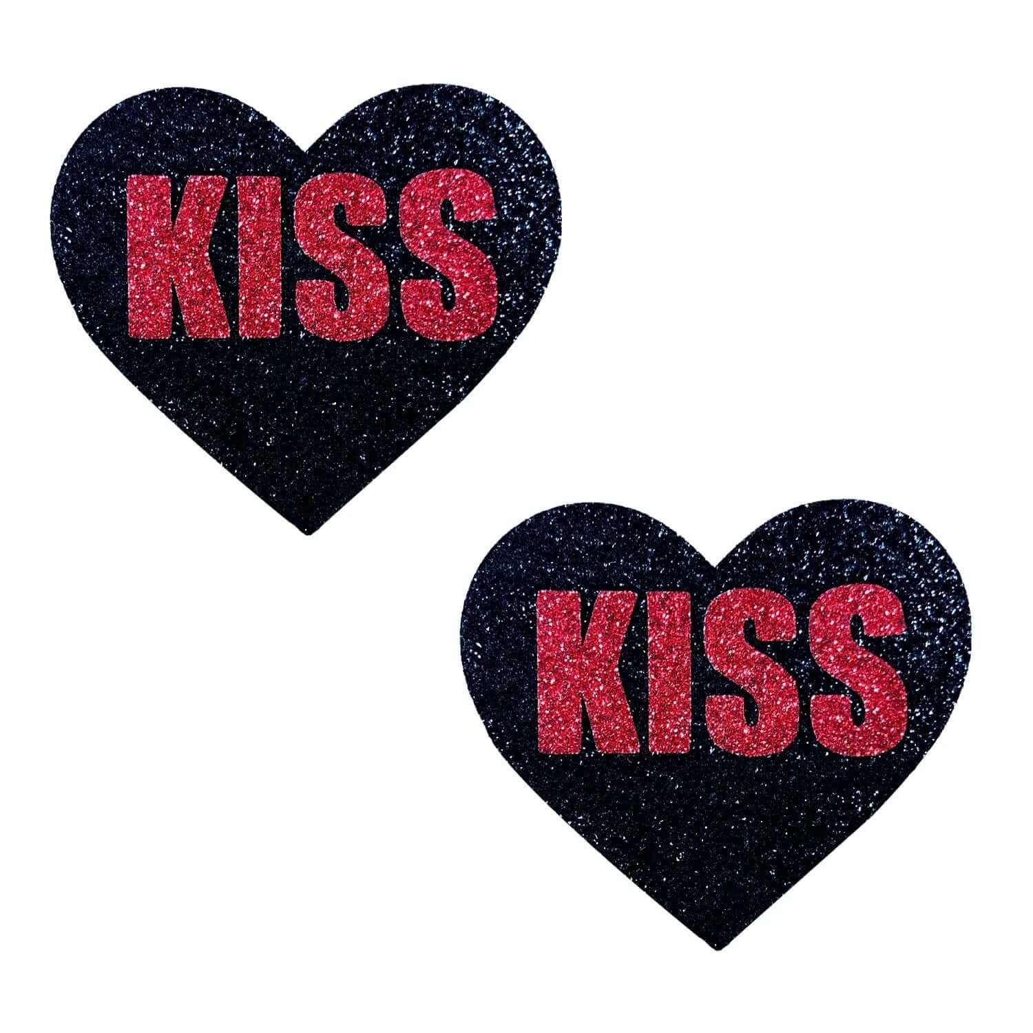 Kiss Red and Black Valentine Glitter Heart Nipple Cover Pasties-0