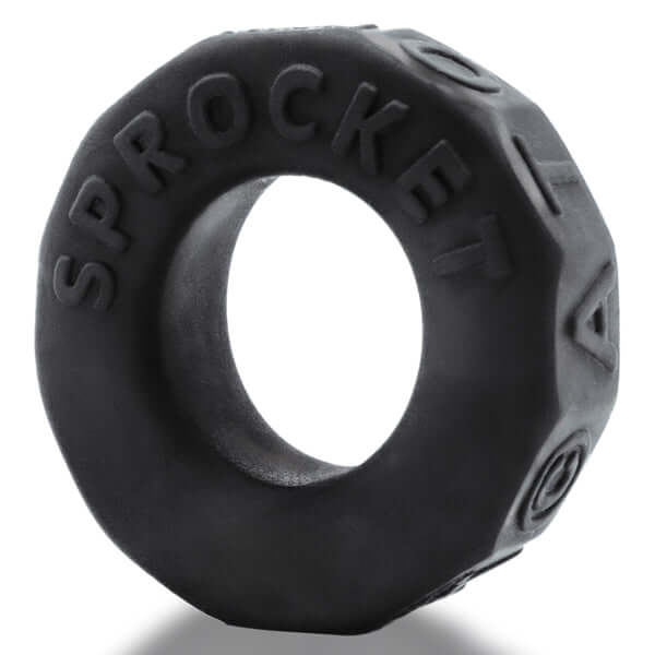 Oxballs Sprocket Comfort No-Roll Cockring in black, made of soft silicone for enhanced comfort and support.
