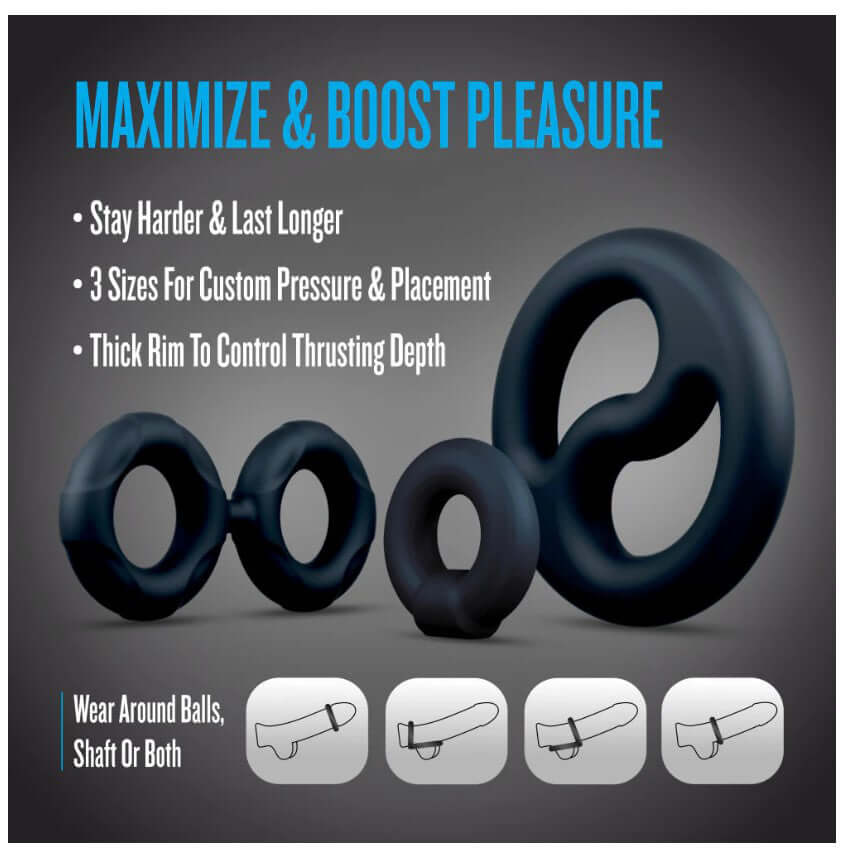 Performance Plus Throttle Silicone Cock Ring Set with three sizes, designed to enhance pleasure and comfort.