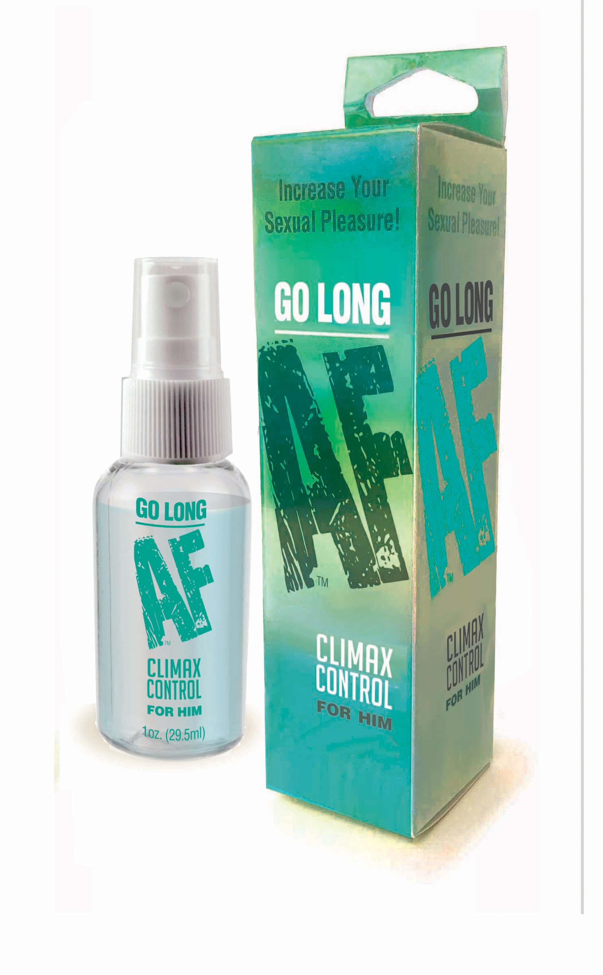 Go Long Af Climax Control for Him Spray 1 Oz packaging and bottle for enhanced intimate experiences.