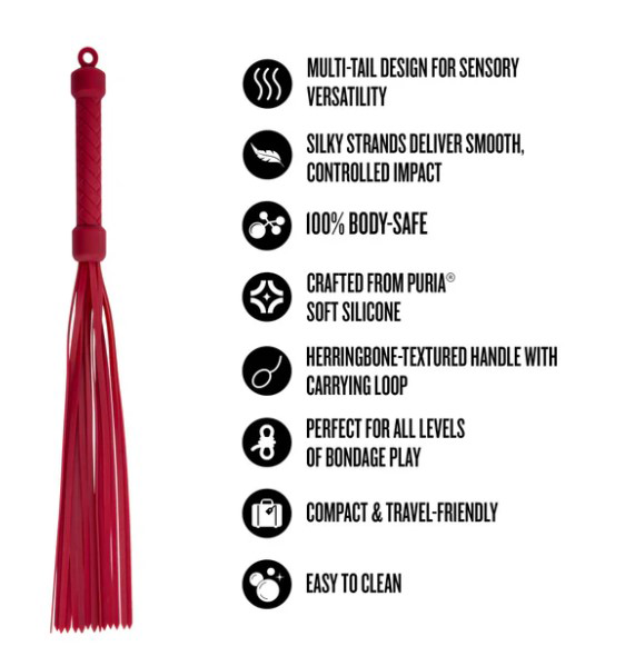 Temptasia Ardor Flogger Red with multiple silky strands, crafted from body-safe silicone, perfect for bondage play.