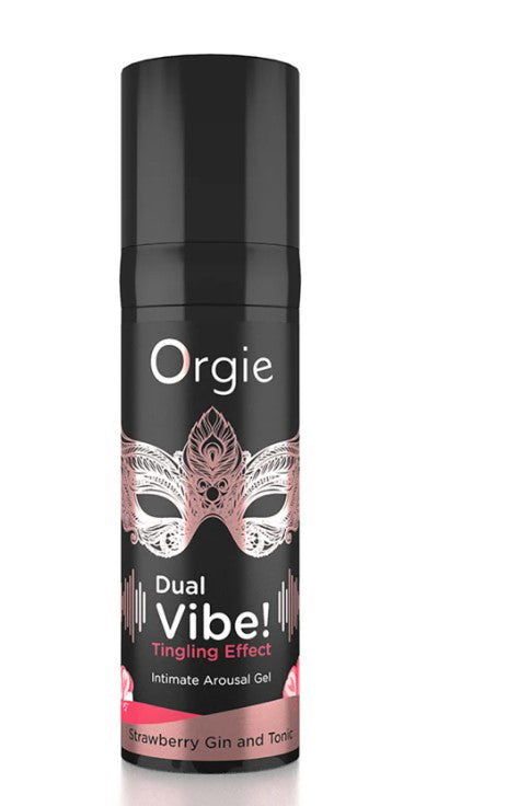 Orgie Dual Vibe Gin & Tonic Strawberry Kissable Liquid Vibrator 15 ml product packaging image.