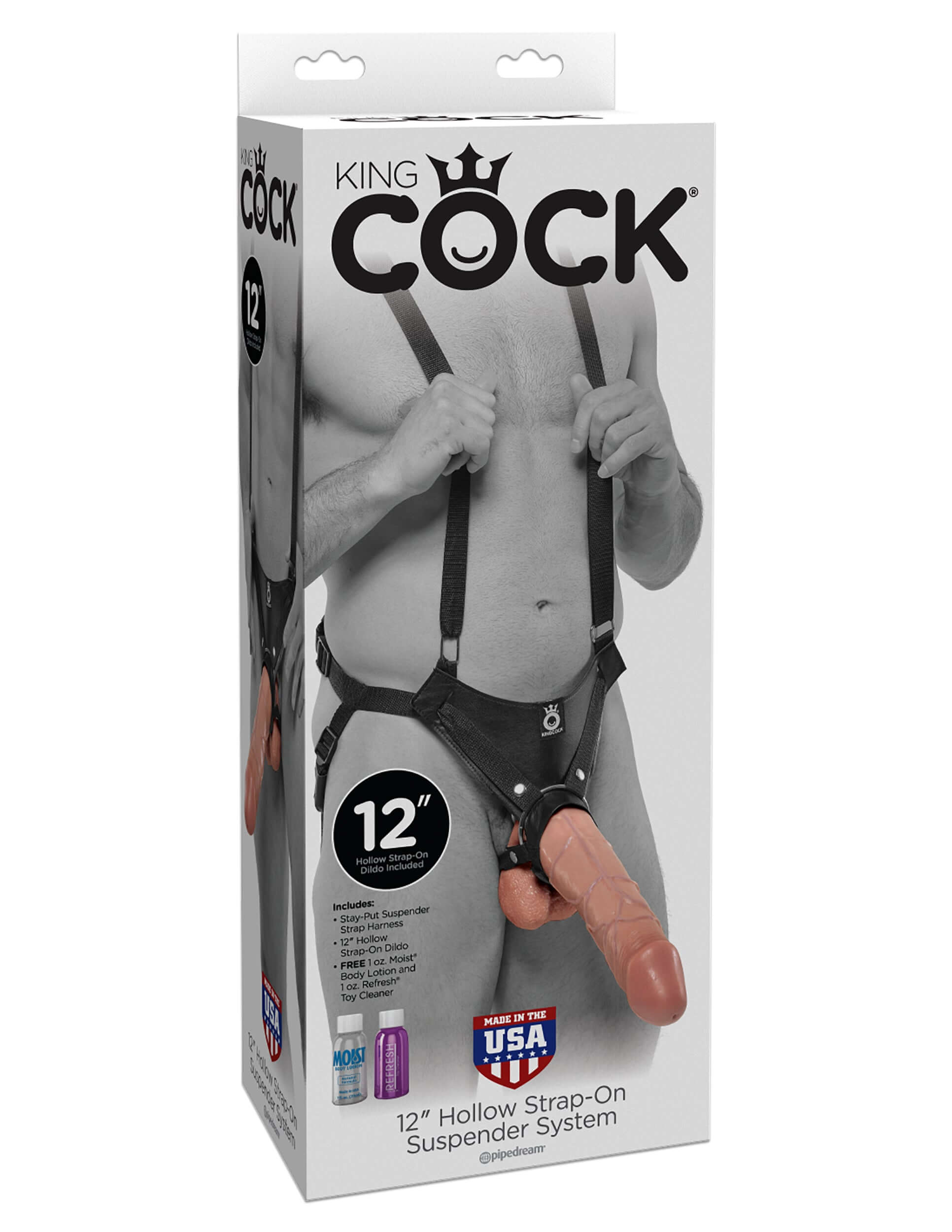 King Cock 12 Inch Hollow Strap-on Suspender Flesh packaging image featuring a male model with the product.